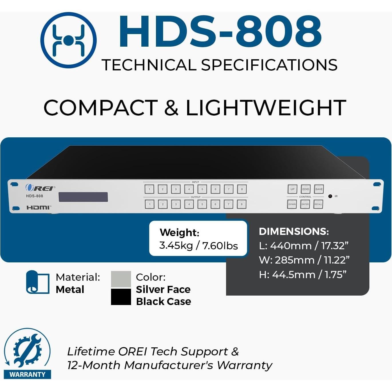 Matriz HDMI 8x8 OREI HDS-808 4K 30Hz con Control Remoto
