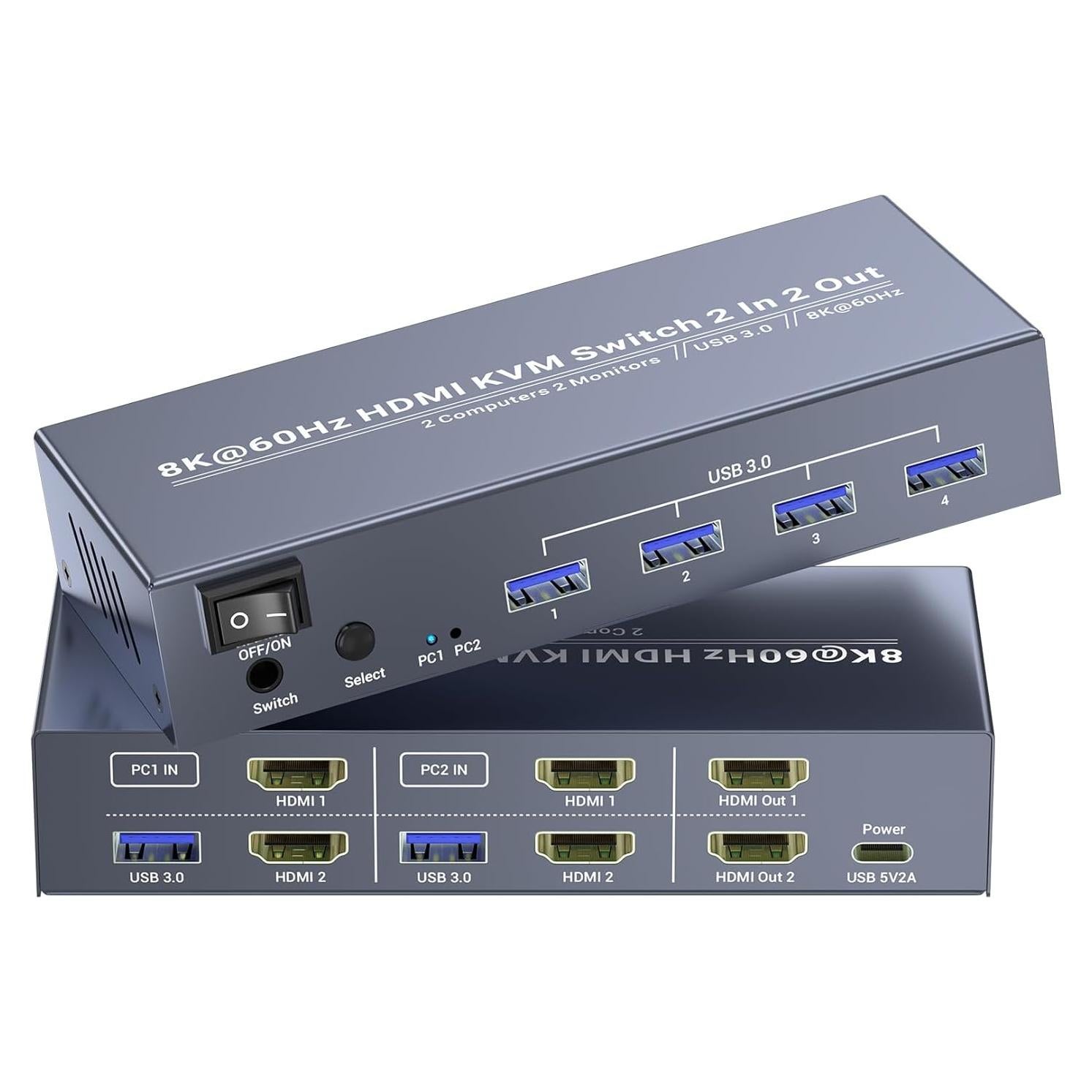 Interruptor KVM HDMI 8K 2 Monitores 2 Computadoras USB 3.0