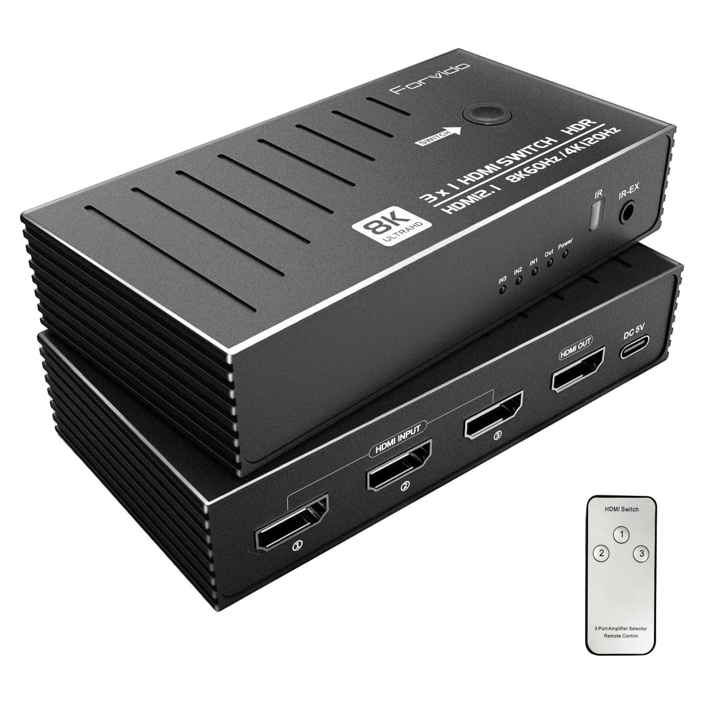 Conmutador HDMI 8K Forvido 3 Puertos 2.1 con Control Remoto