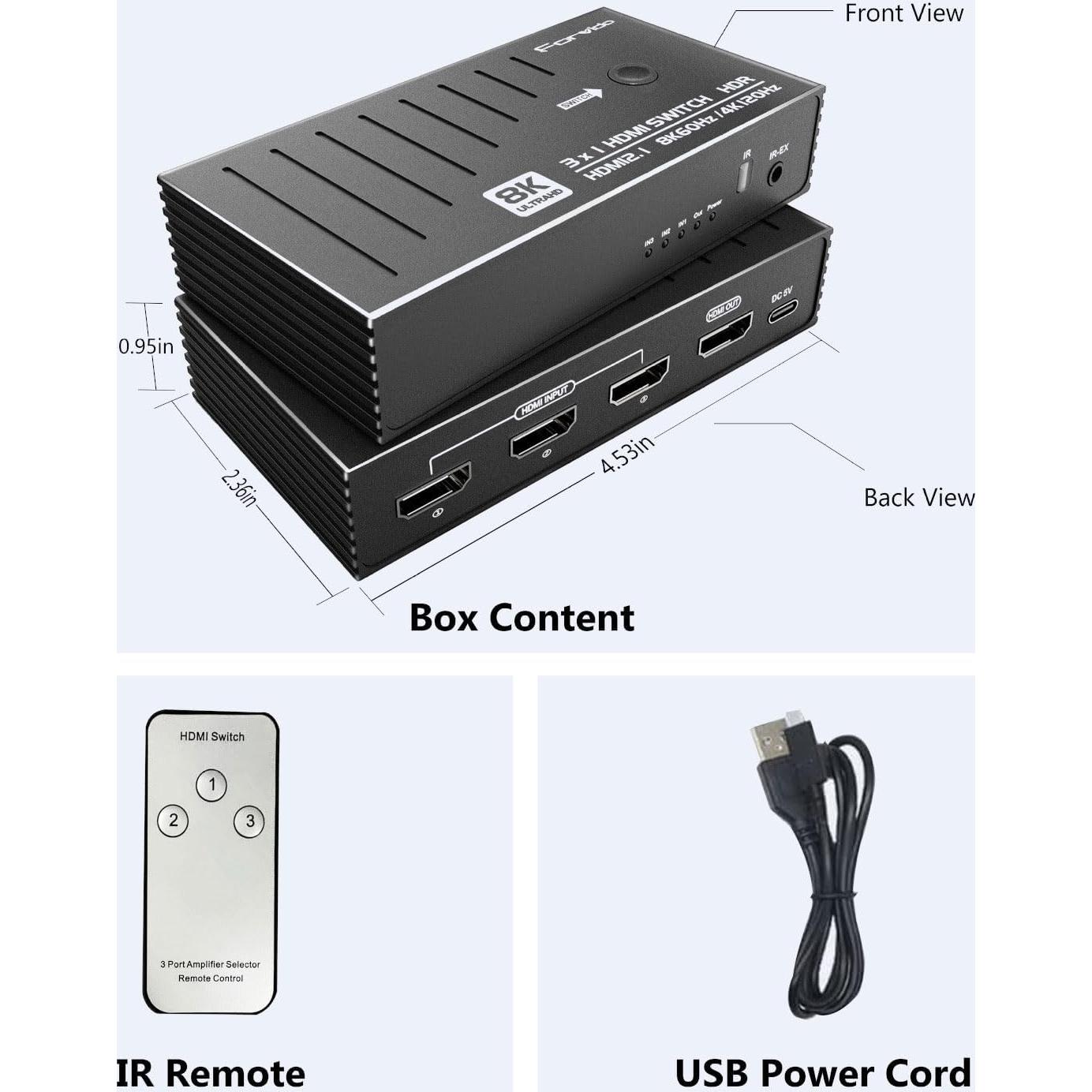 Conmutador HDMI 8K Forvido 3 Puertos 2.1 con Control Remoto