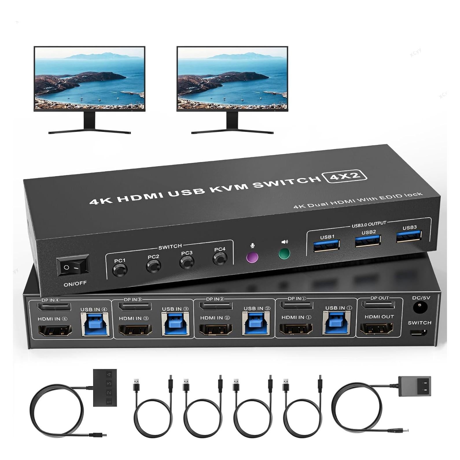 Interruptor KVM HDMI + DisplayPort 4 PCs 2 Monitores 4K