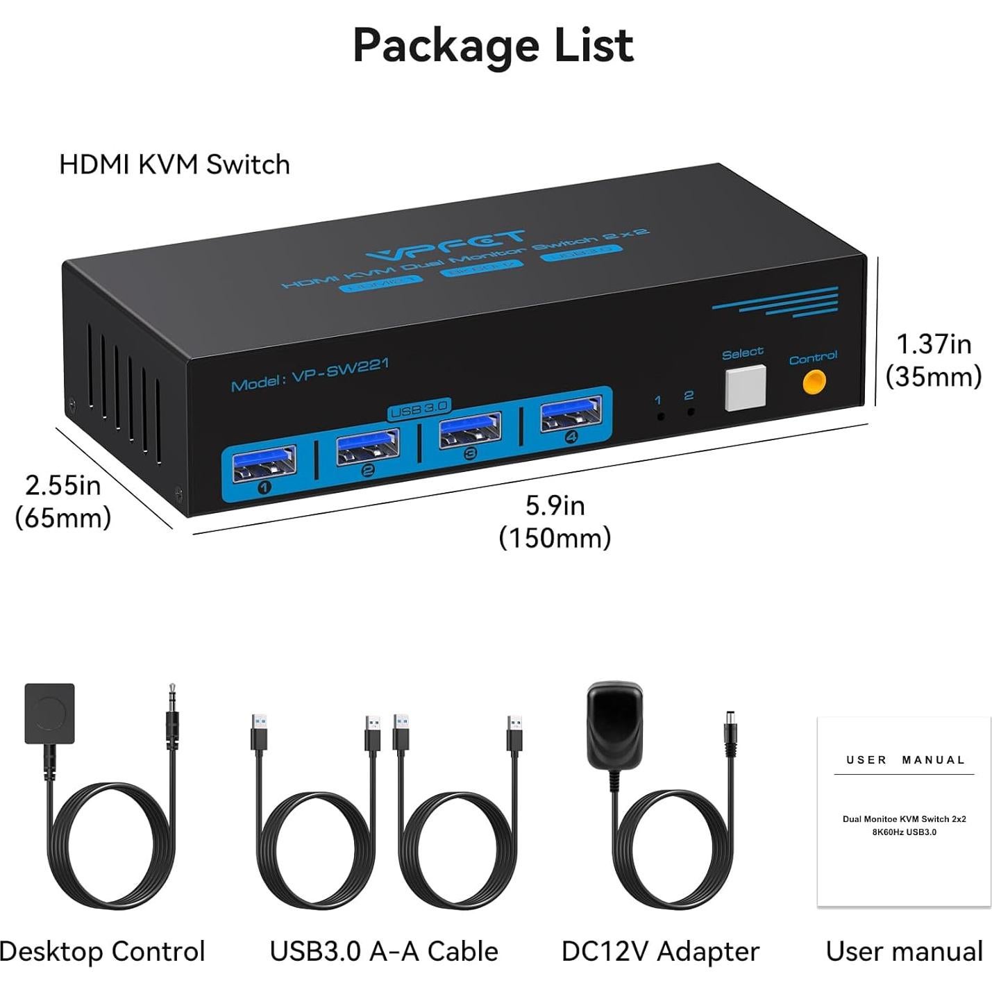 Interruptor KVM HDMI 8K 2 Monitores CMSTEDCD USB 3.0