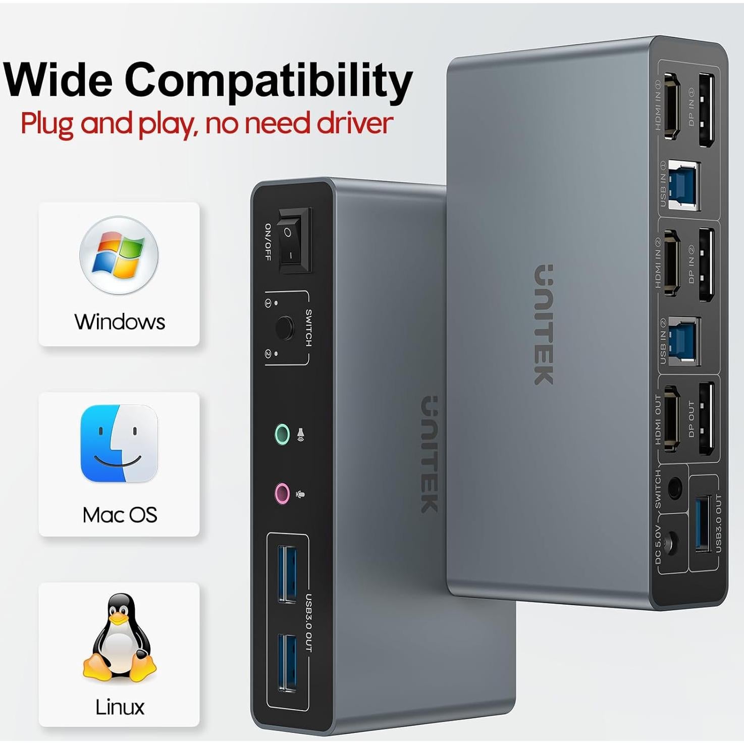 Interruptor KVM Unitek 2 Monitores 4K HDMI/DisplayPort USB 3.0