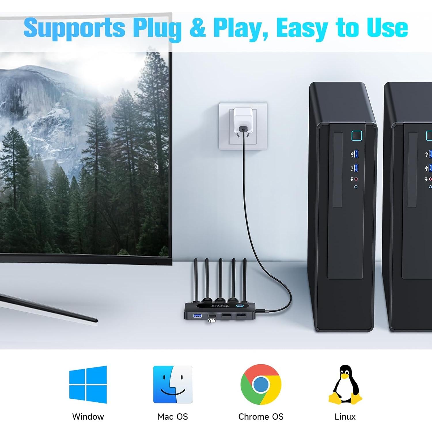 Interruptor KVM USB RSHTECH 4K@60Hz HDMI 2 PCs 4 USB 3.0