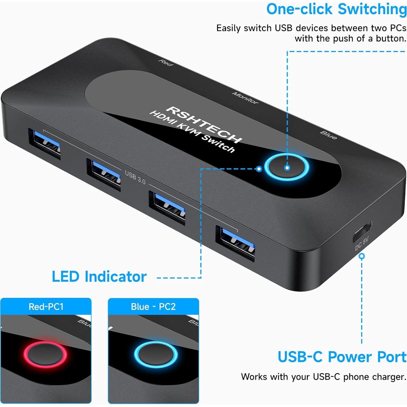 Interruptor KVM USB RSHTECH 4K@60Hz HDMI 2 PCs 4 USB 3.0