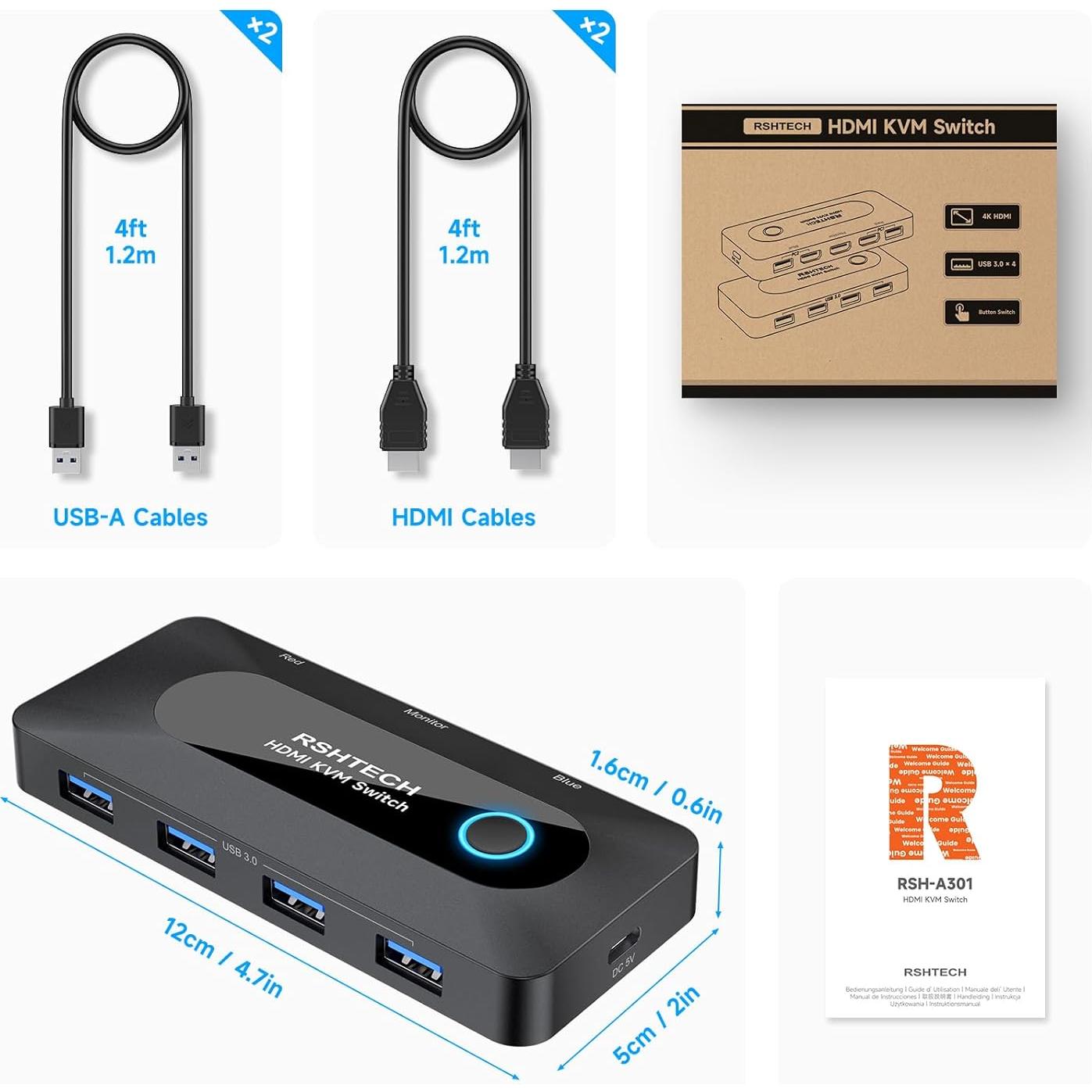 Interruptor KVM USB RSHTECH 4K@60Hz HDMI 2 PCs 4 USB 3.0