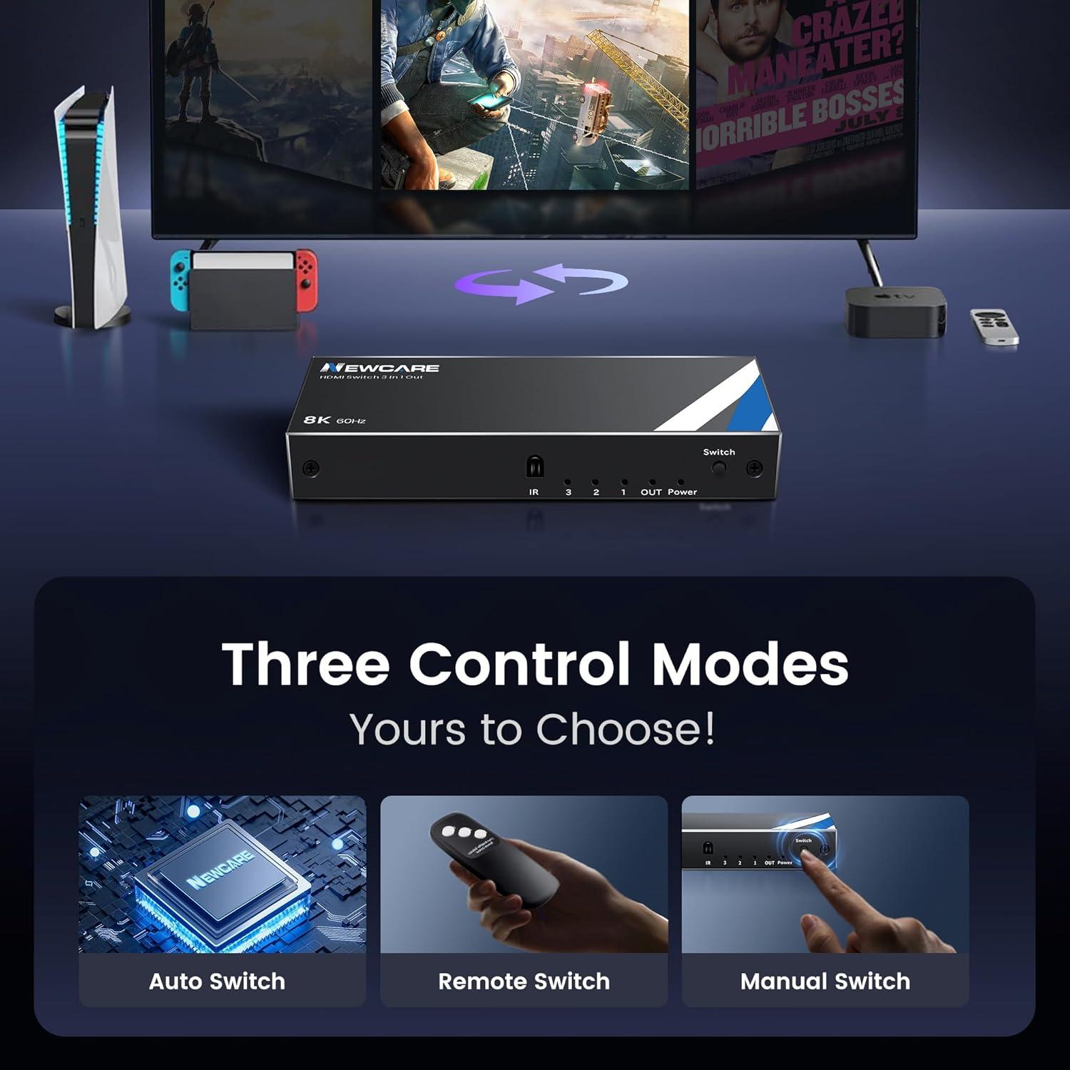 Interruptor HDMI 8K@60Hz NEWCARE 3 en 1 con Control Remoto