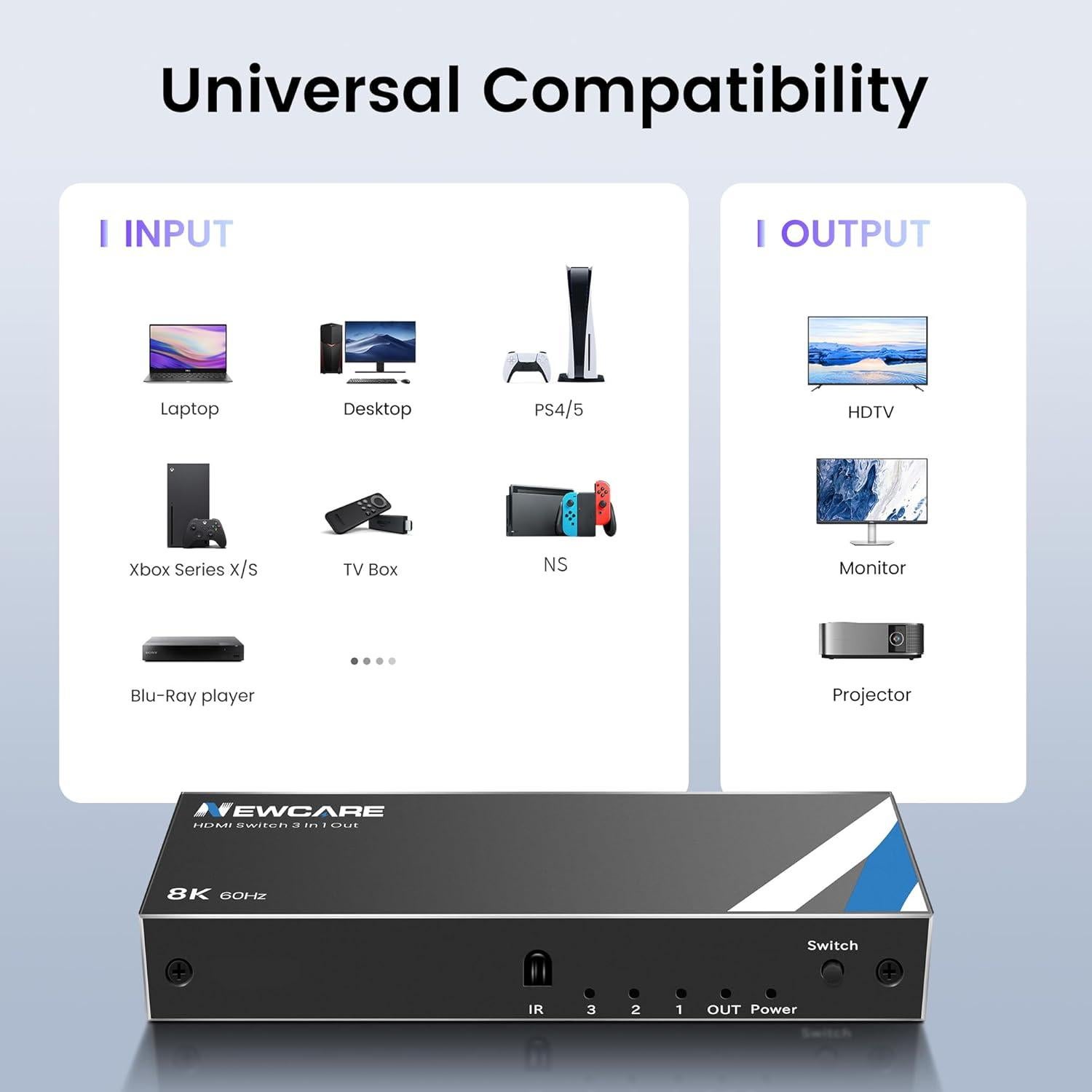 Interruptor HDMI 8K@60Hz NEWCARE 3 en 1 con Control Remoto