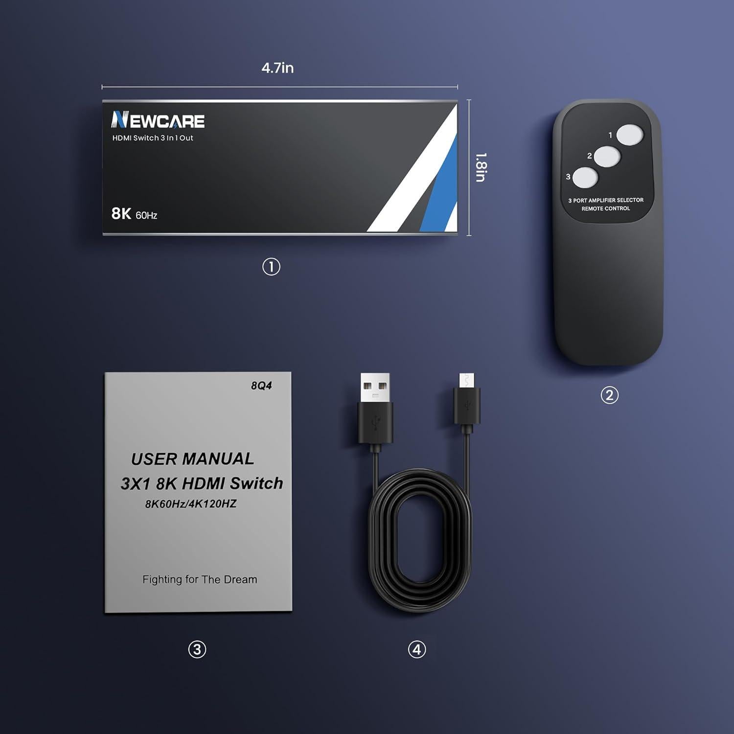 Interruptor HDMI 8K@60Hz NEWCARE 3 en 1 con Control Remoto