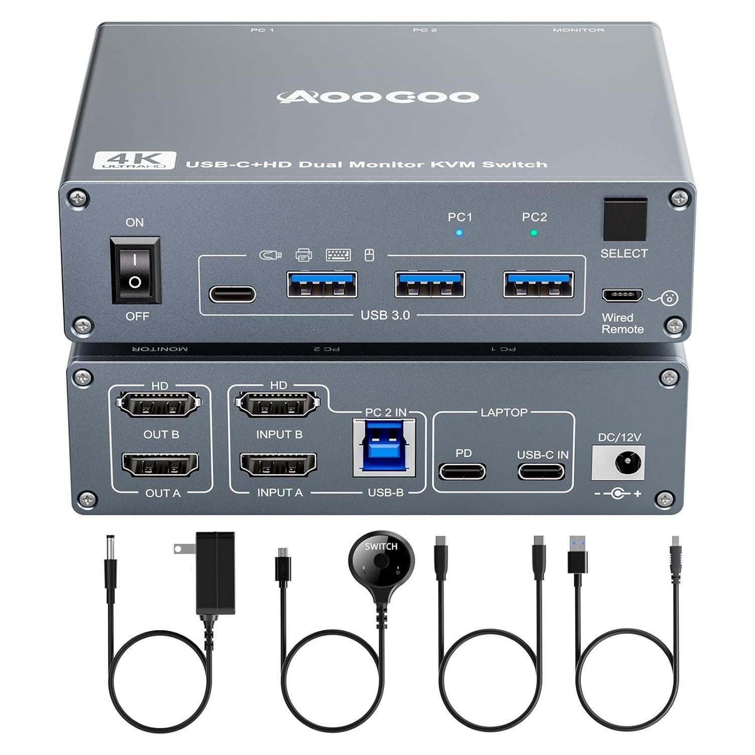 Interruptor KVM USB-C 4K 1 PC 1 Laptop 2 Monitores AOOCOO