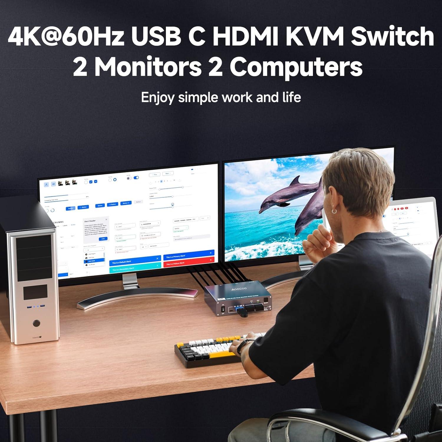 Interruptor KVM USB-C 4K 1 PC 1 Laptop 2 Monitores AOOCOO