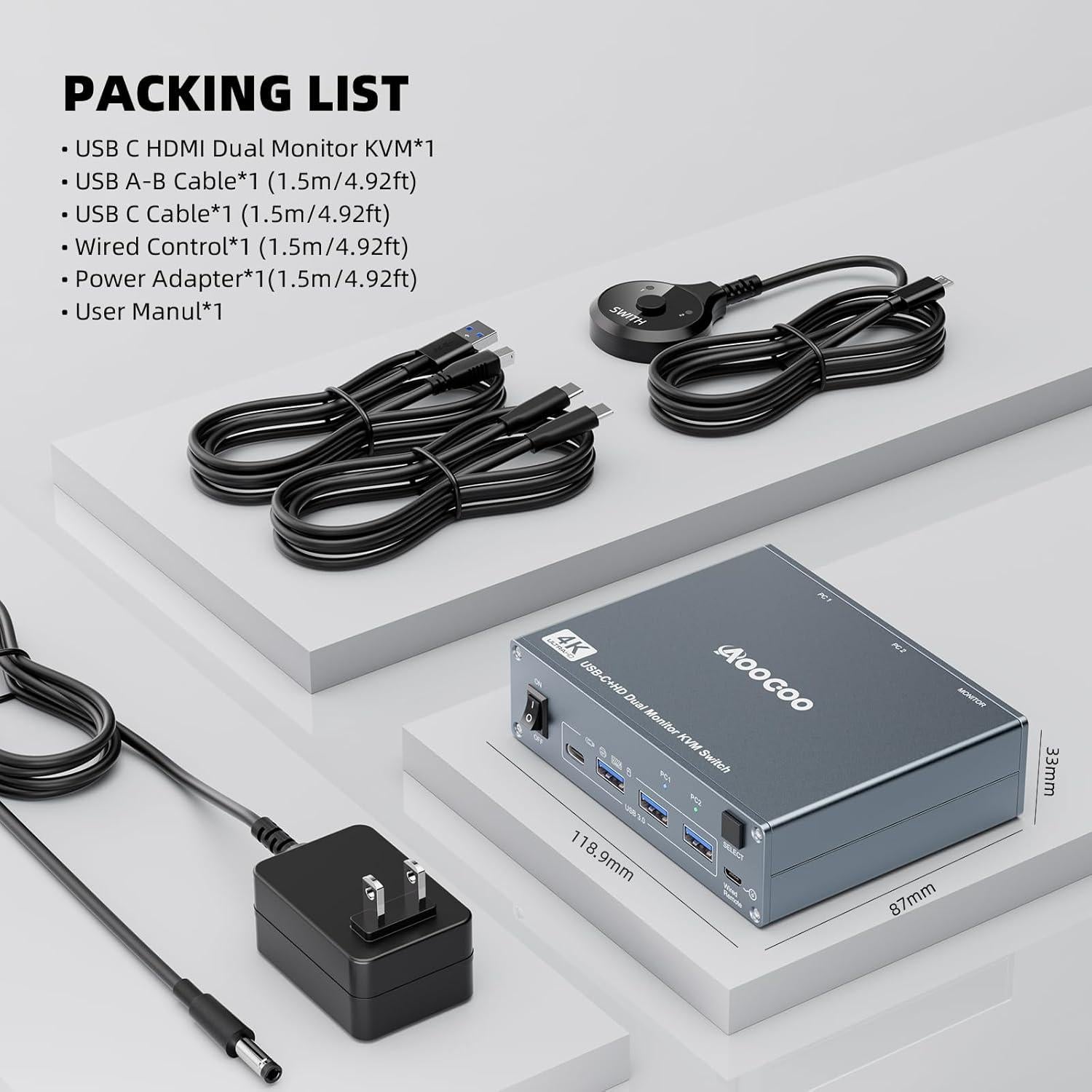 Interruptor KVM USB-C 4K 1 PC 1 Laptop 2 Monitores AOOCOO