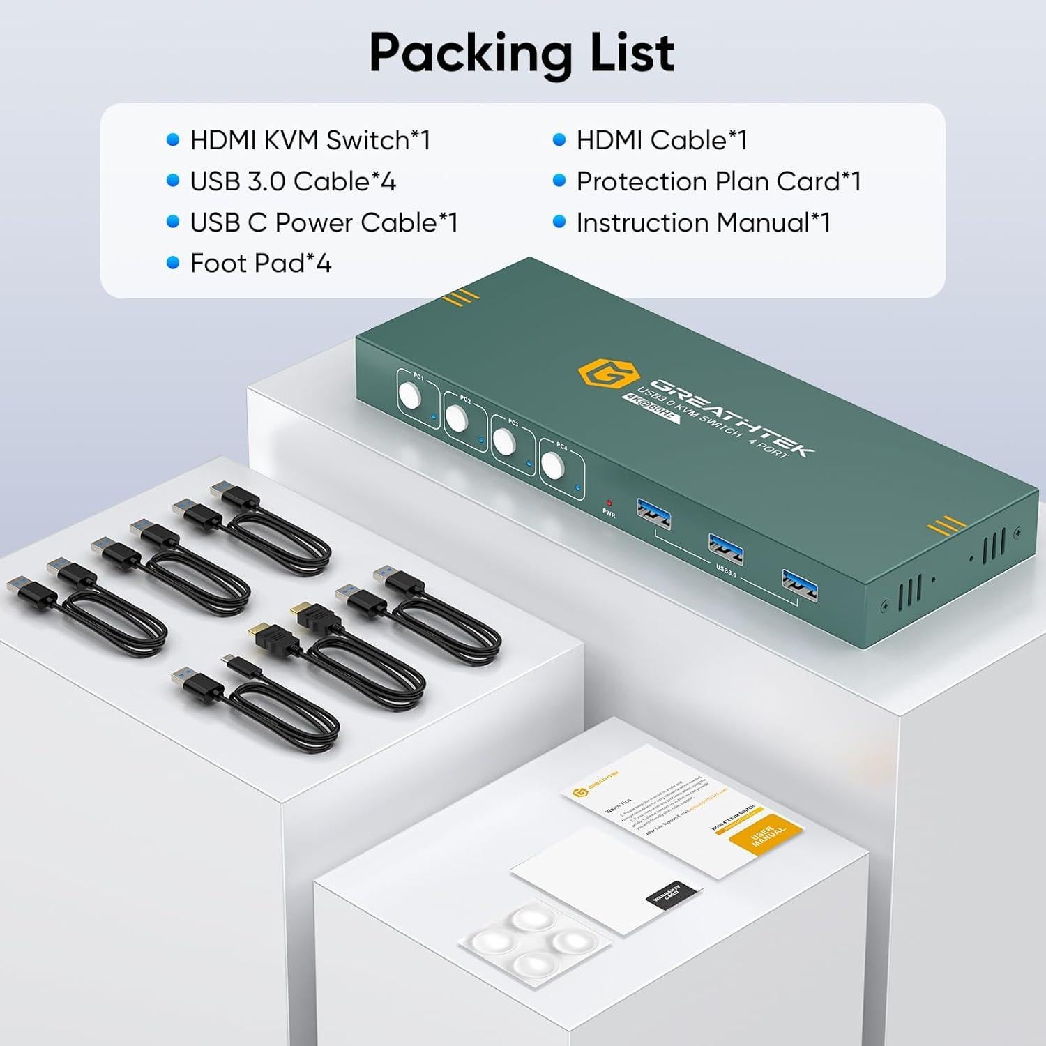 Interruptor KVM HDMI 4 Puertos GREATHTEK 4K@60Hz USB 3.0
