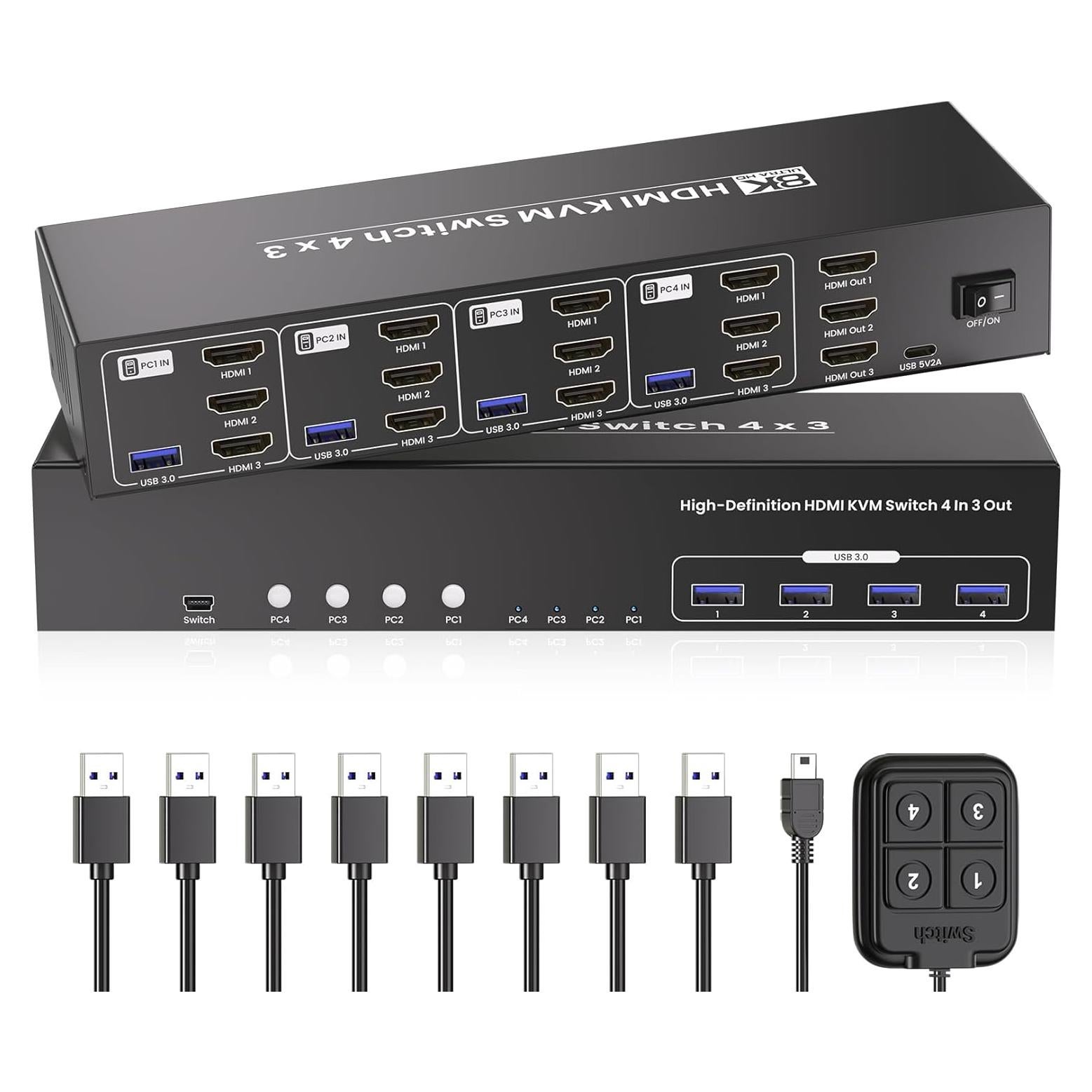 Interruptor KVM HDMI 4 Puertos 8K 3 Monitores Bcrokory