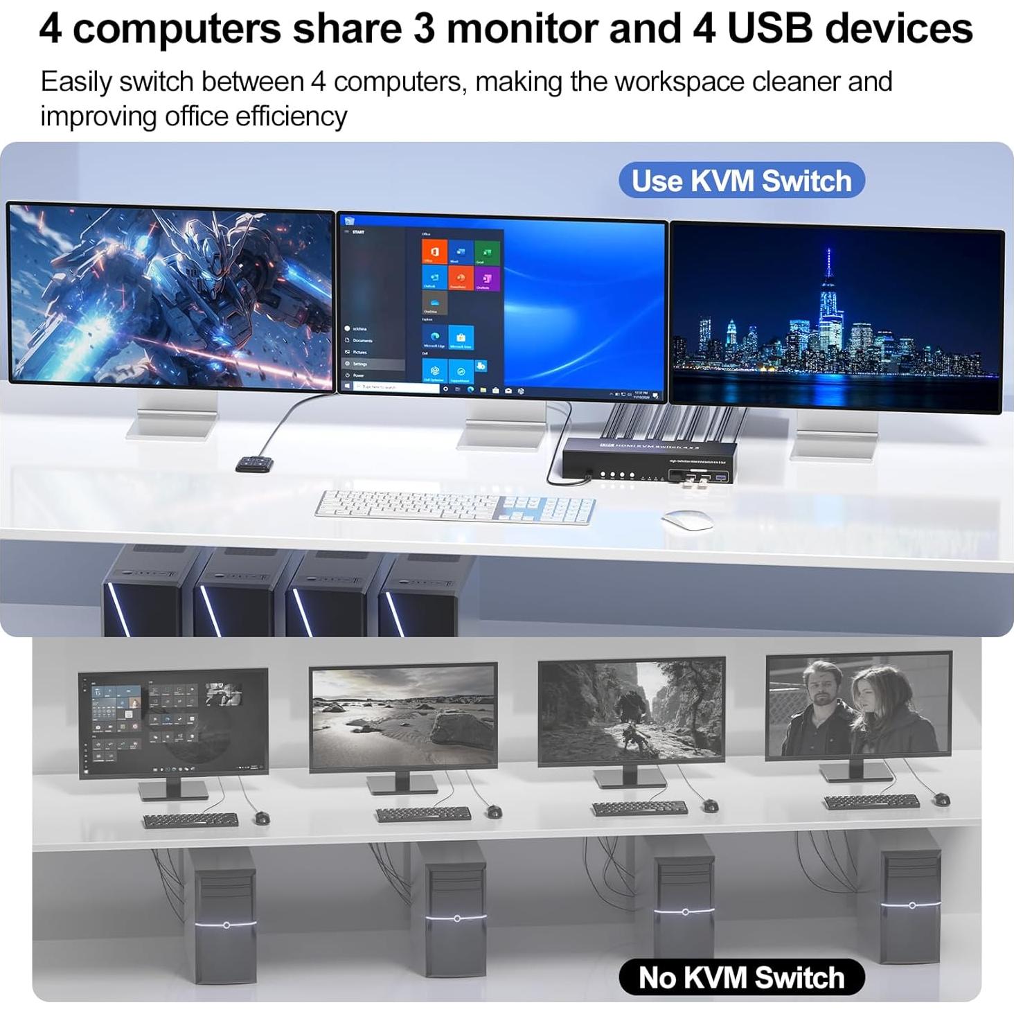 Interruptor KVM HDMI 4 Puertos 8K 3 Monitores Bcrokory