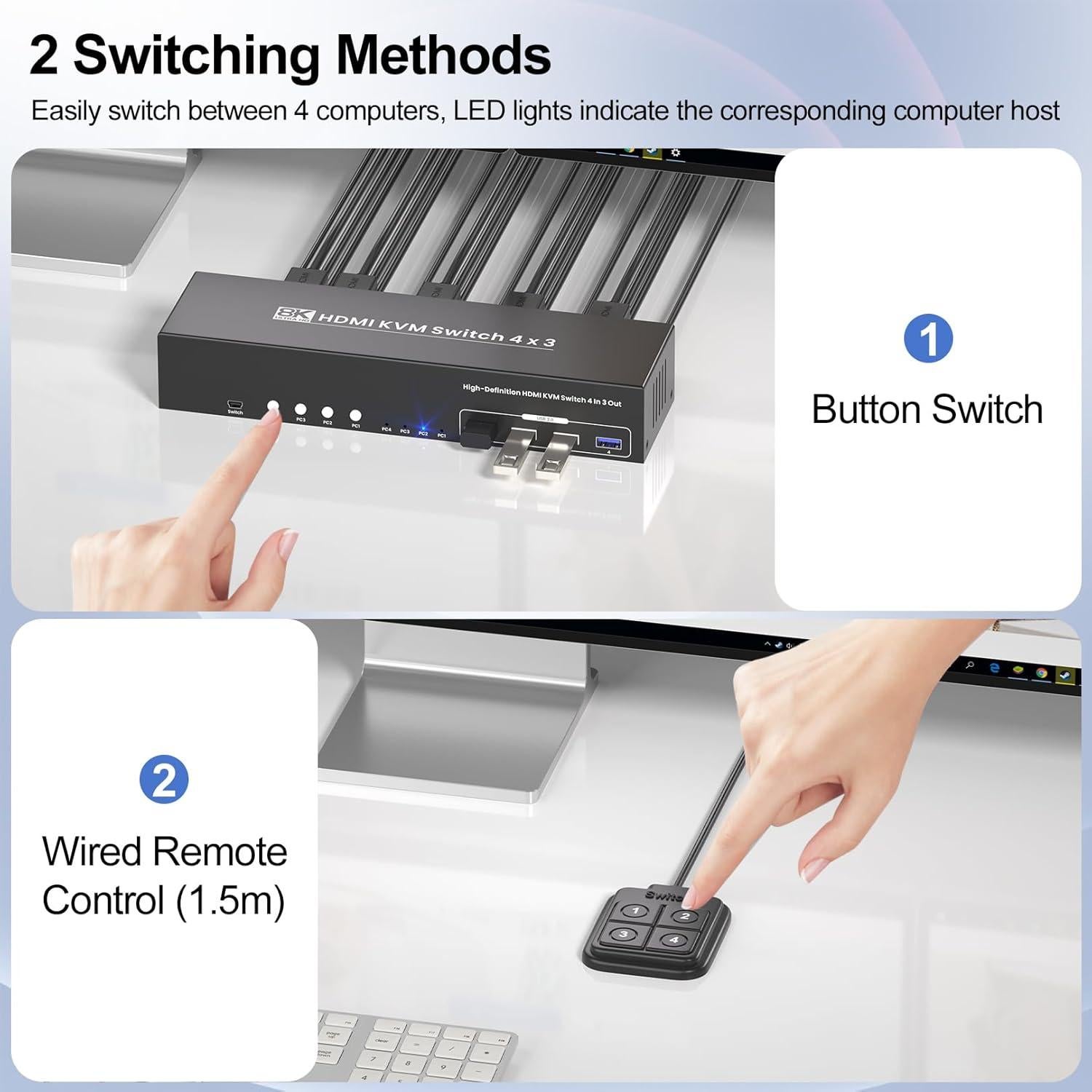 Interruptor KVM HDMI 4 Puertos 8K 3 Monitores Bcrokory