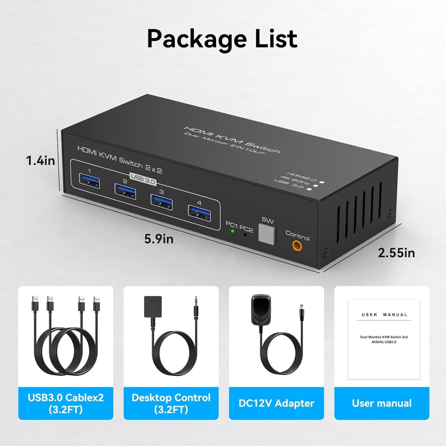 Interruptor KVM HDMI 2 Monitores 2 Computadoras 4K FQuanmap