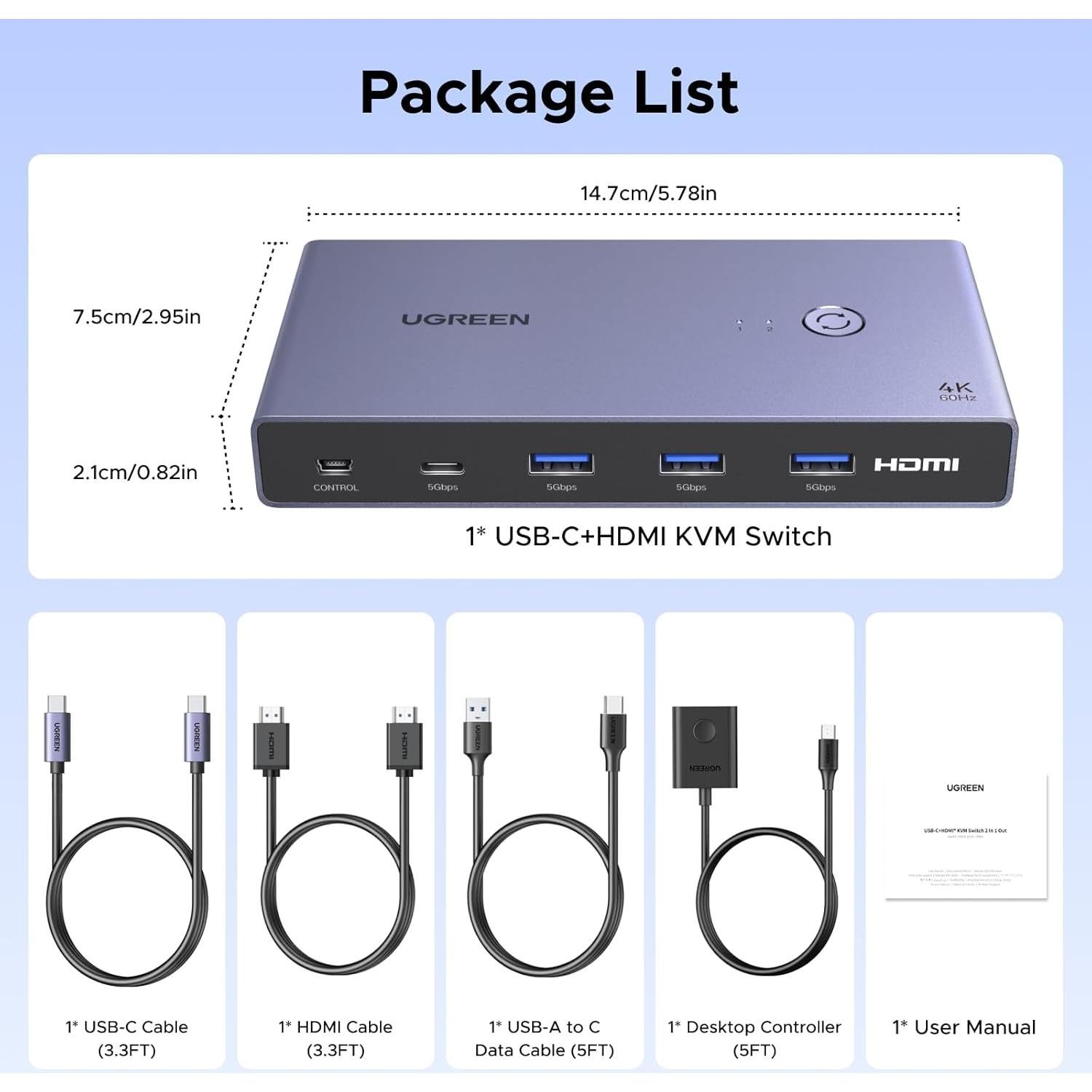 Interruptor KVM UGREEN USB-C HDMI 4K 60Hz 2 Computadoras