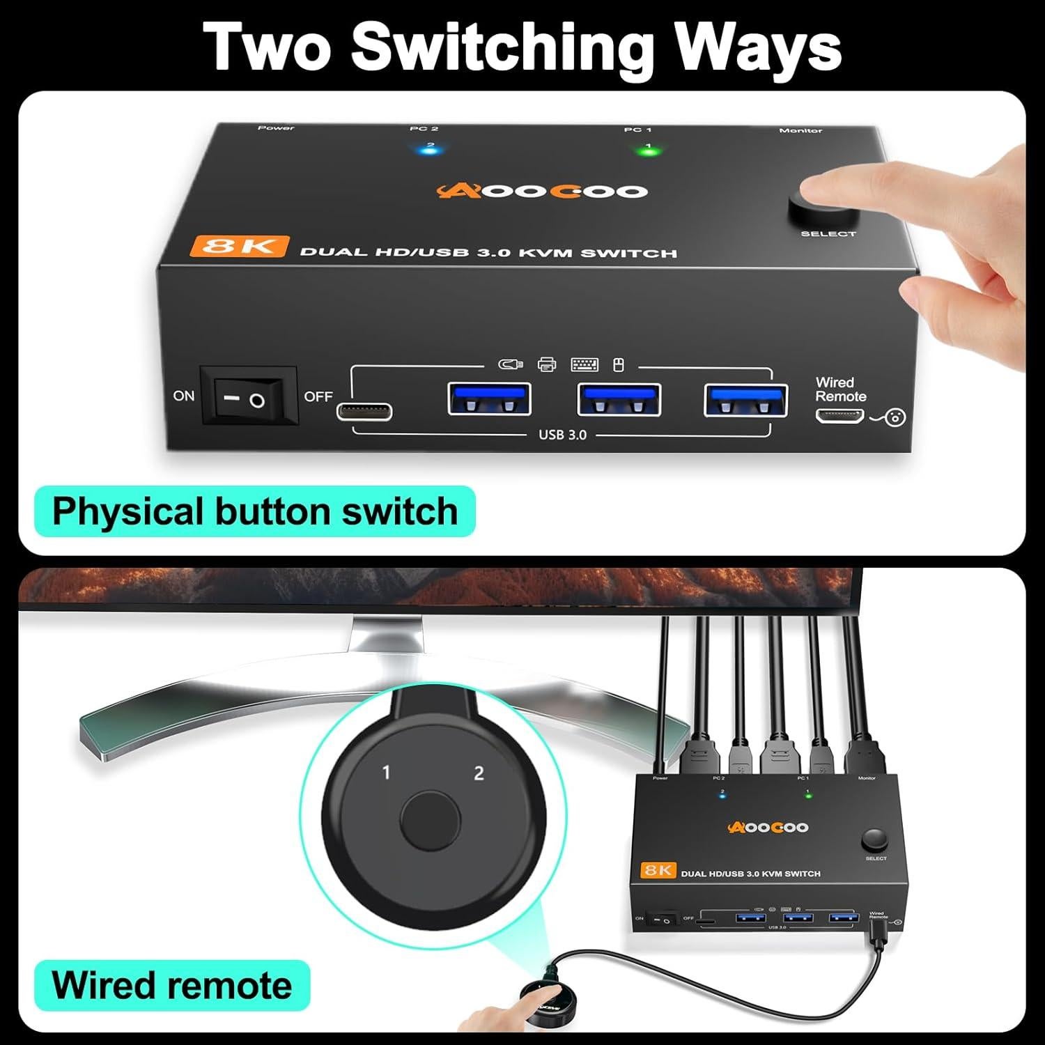 Conmutador KVM Doble Monitor 8K 60Hz AOOCOO HDMI USB 3.0