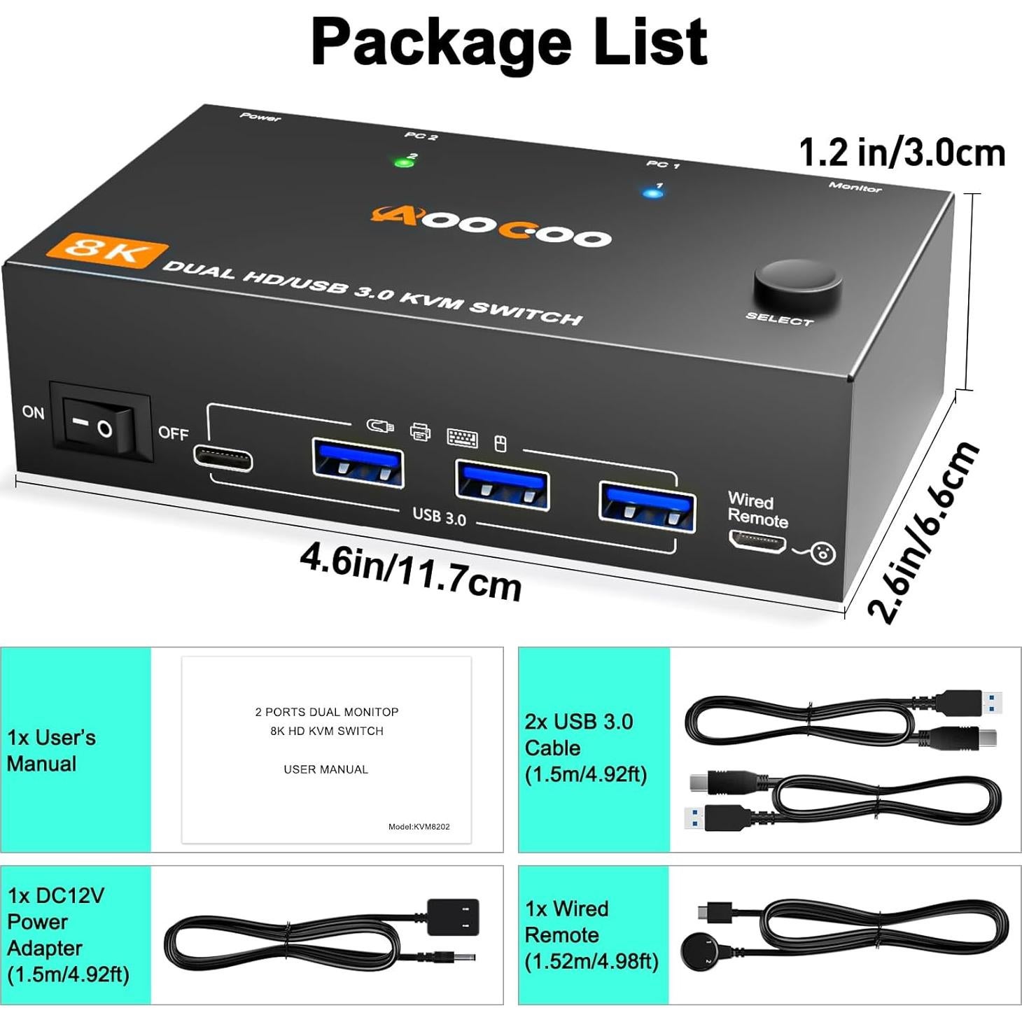 Conmutador KVM Doble Monitor 8K 60Hz AOOCOO HDMI USB 3.0