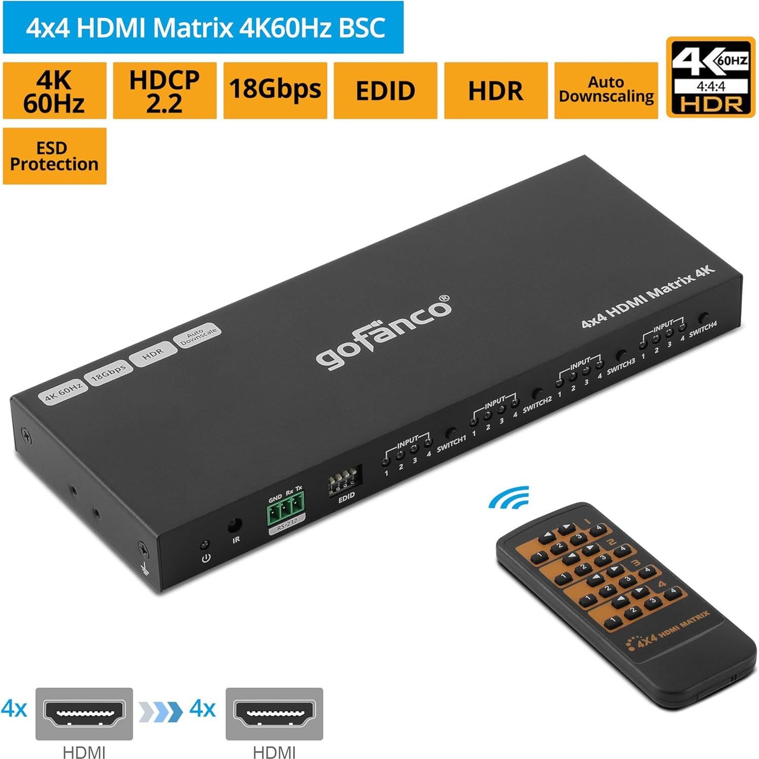 Interruptor Matriz HDMI 4x4 gofanco 4K 60Hz HDR Audio 7.1