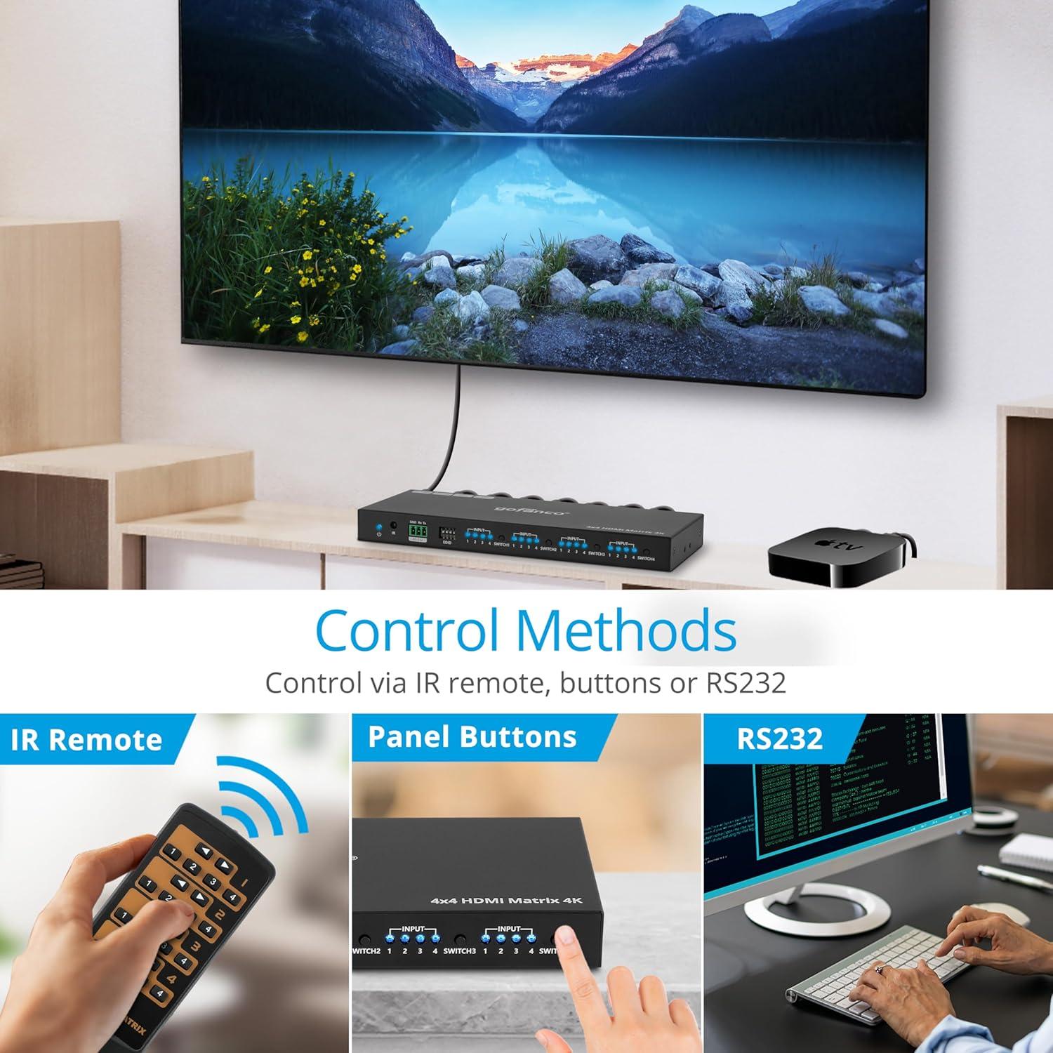 Interruptor Matriz HDMI 4x4 gofanco 4K 60Hz HDR Audio 7.1