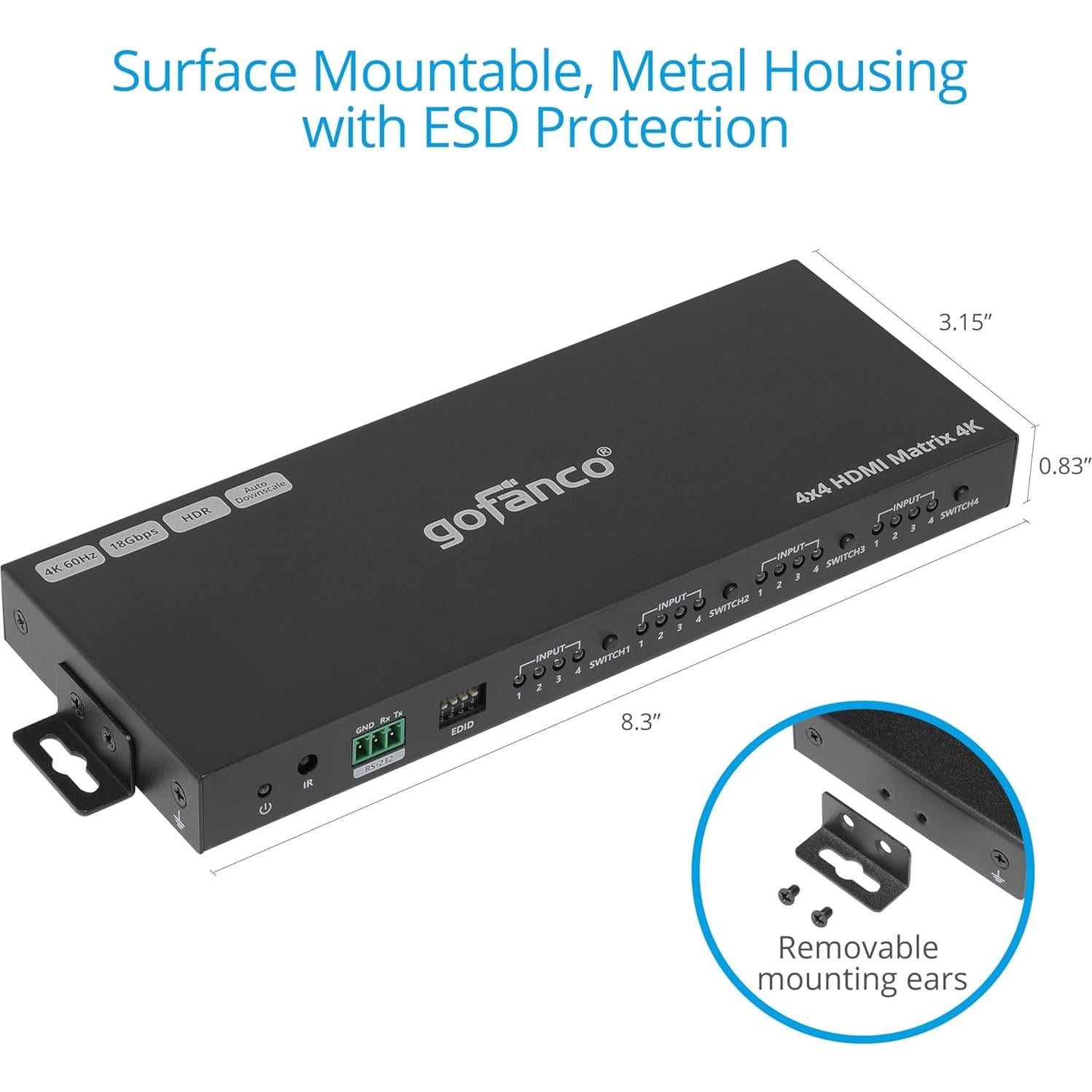 Interruptor Matriz HDMI 4x4 gofanco 4K 60Hz HDR Audio 7.1