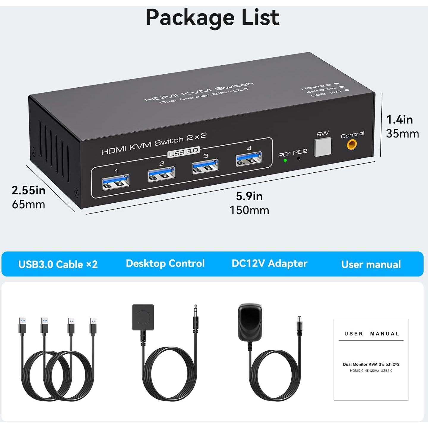 Interruptor KVM HDMI 2 Monitores 2 Computadoras 4K 120Hz USB 3.0