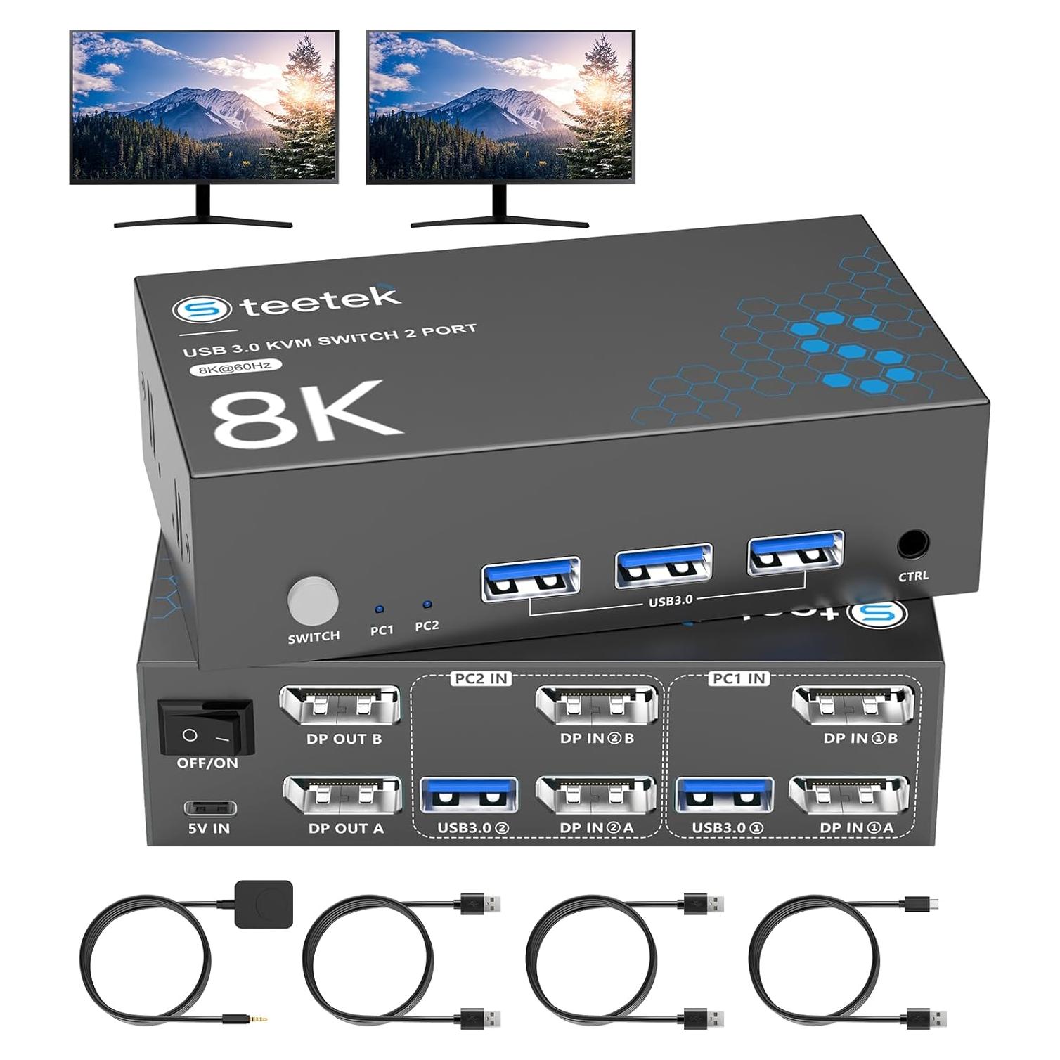 Interruptor KVM Steetek 2 Monitores 2 Computadoras 8K 60Hz