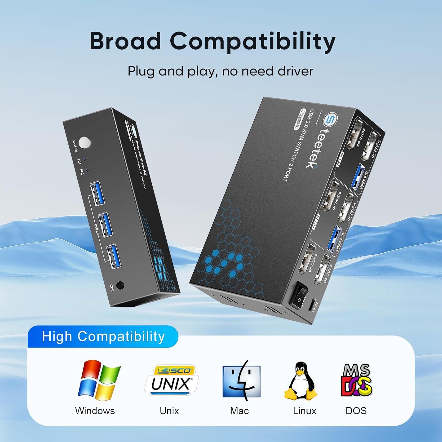 Interruptor KVM Steetek 2 Monitores 2 Computadoras 8K 60Hz