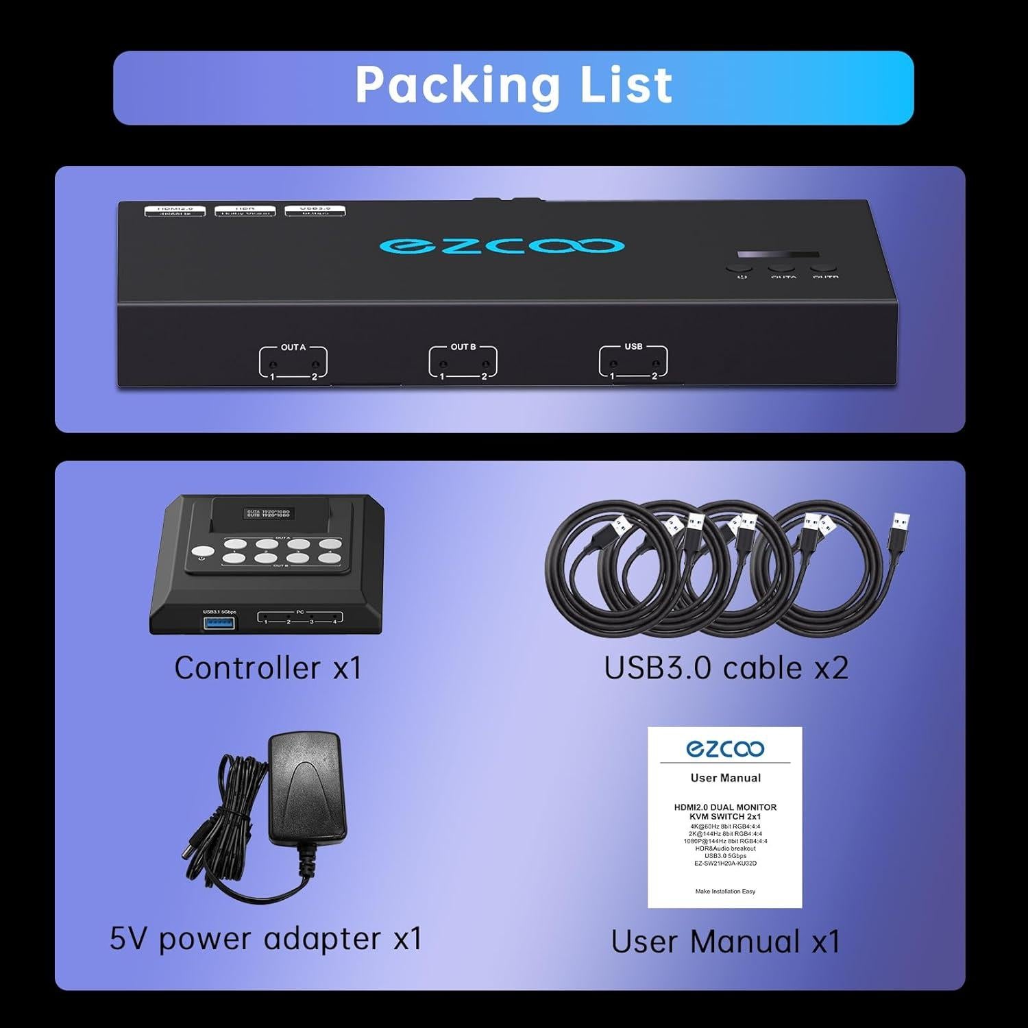 Interruptor KVM Doble Monitor 4K@60Hz EZCOOTECH 2x1 USB 3.0