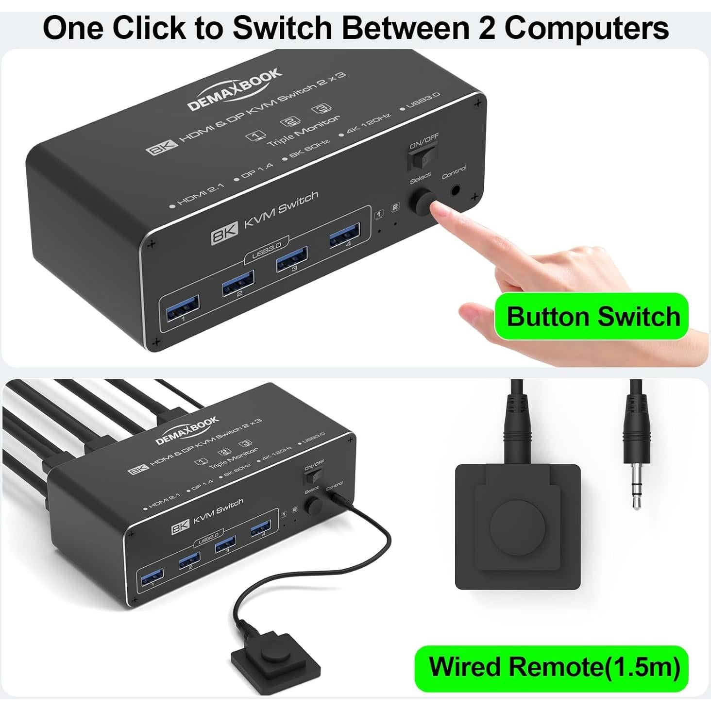 Interruptor KVM DEMEXBOOK Triple Monitor 8K HDMI + 2 DP