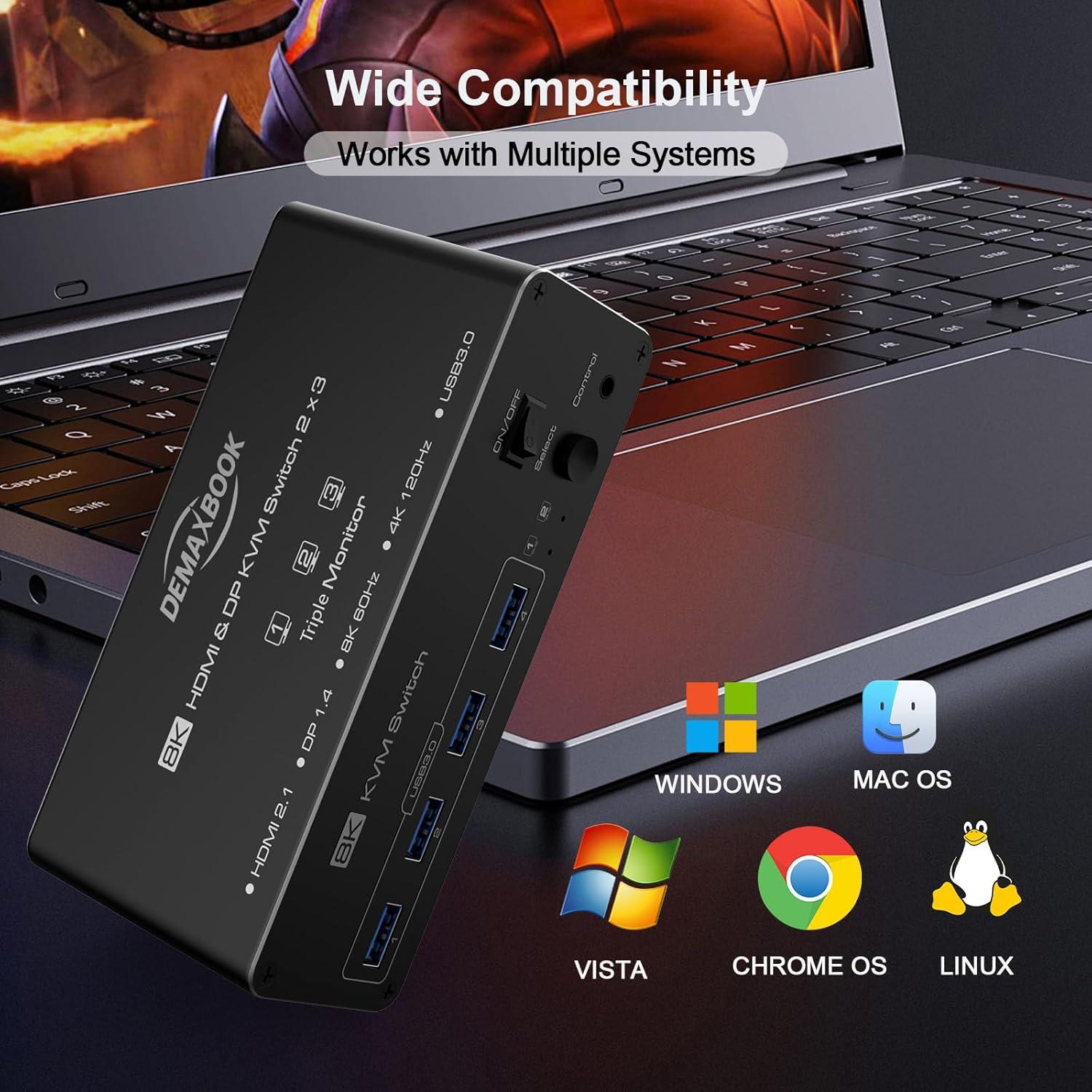 Interruptor KVM DEMEXBOOK Triple Monitor 8K HDMI + 2 DP