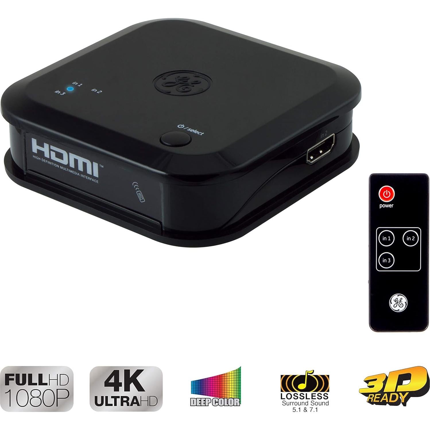 Interruptor HDMI GE 3 Entradas 1 Salida 4K 60Hz Control Remoto