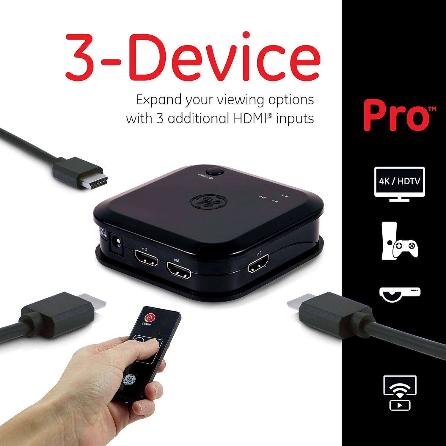 Interruptor HDMI GE 3 Entradas 1 Salida 4K 60Hz Control Remoto