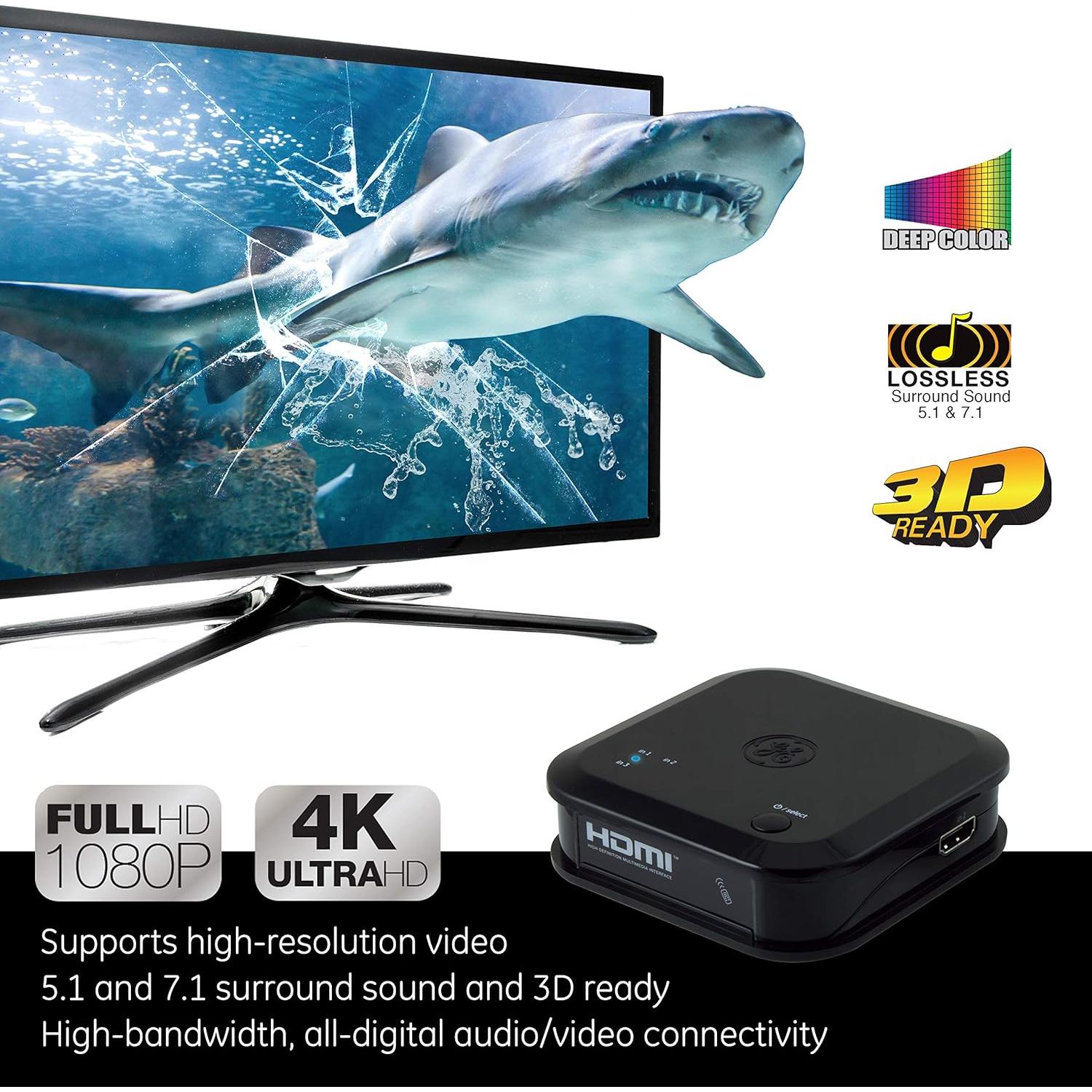 Interruptor HDMI GE 3 Entradas 1 Salida 4K 60Hz Control Remoto