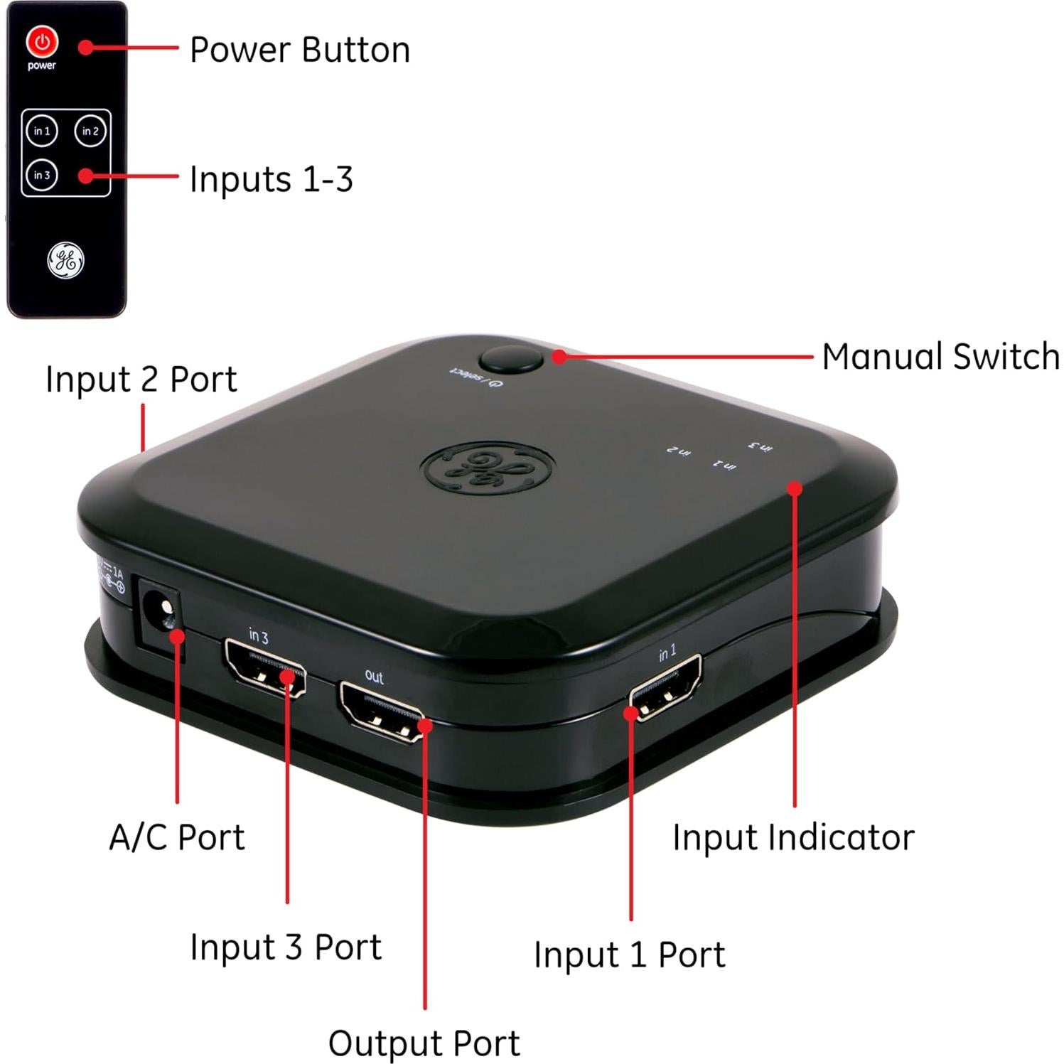 Interruptor HDMI GE 3 Entradas 1 Salida 4K 60Hz Control Remoto