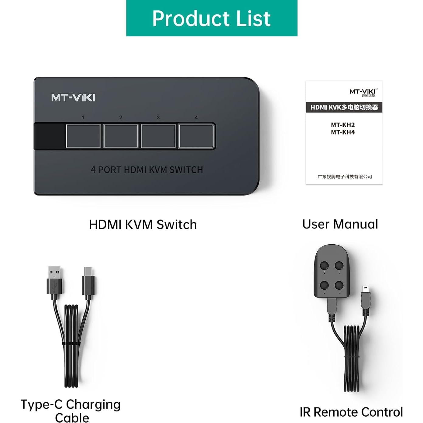 Interruptor KVM HDMI 4 Puertos MT-VIKI 4K@30Hz USB