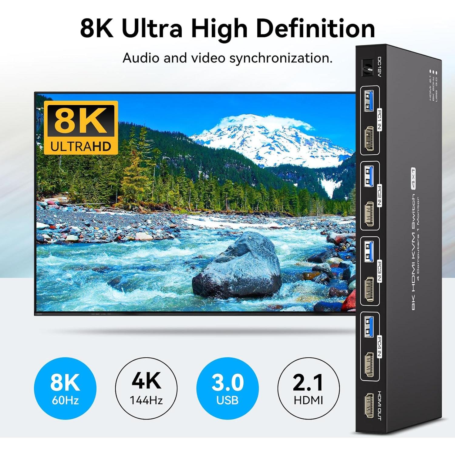 Conmutador KVM HDMI 8K 4 PC 1 Monitor 4 Puertos USB 3.0