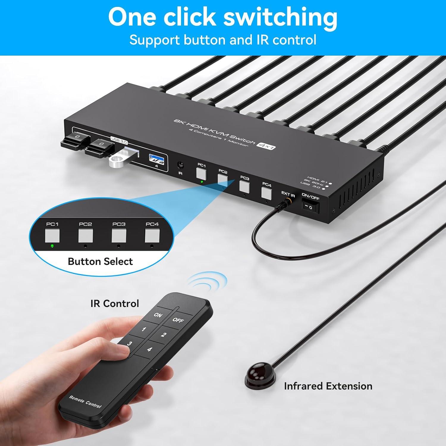 Conmutador KVM HDMI 8K 4 PC 1 Monitor 4 Puertos USB 3.0