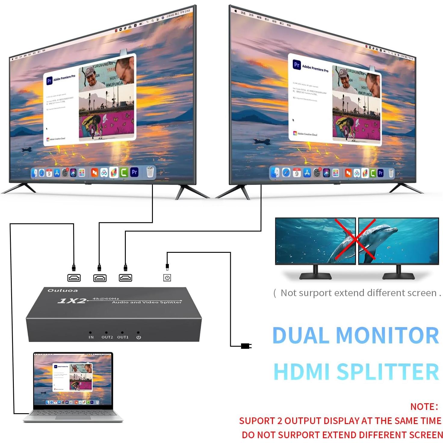 Divisor HDMI 1 en 2 Salidas 4K@60Hz Bypass HDCP