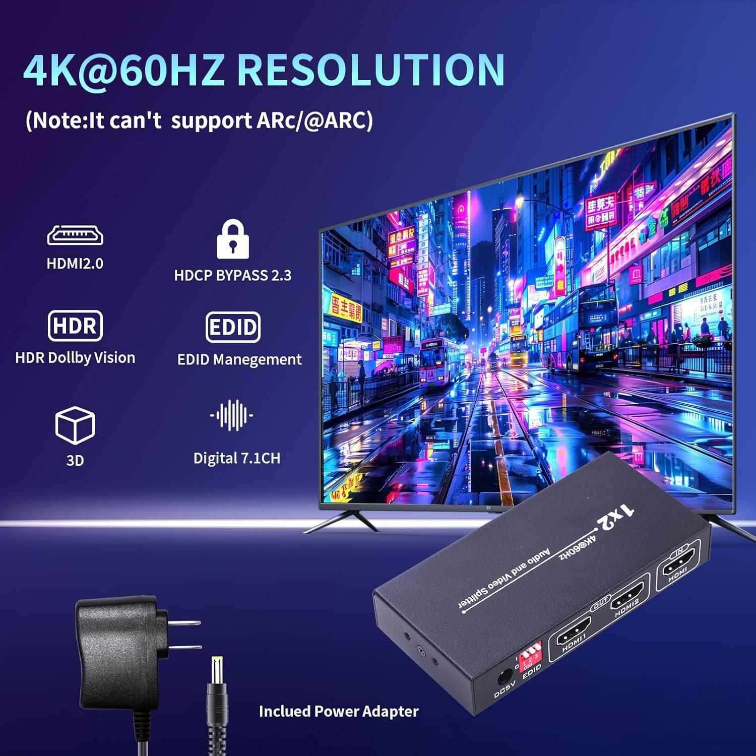 Divisor HDMI 1 en 2 Salidas 4K@60Hz Bypass HDCP