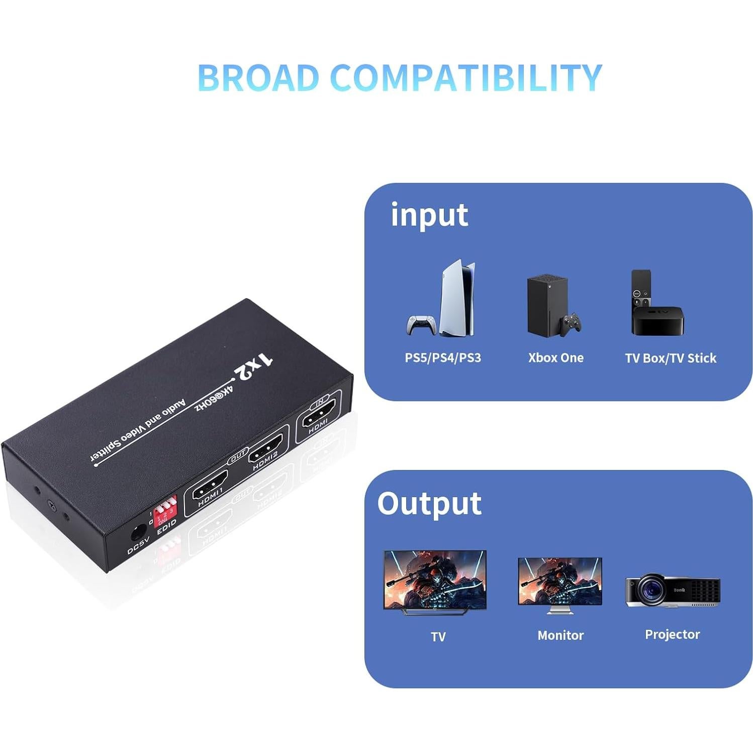 Divisor HDMI 1 en 2 Salidas 4K@60Hz Bypass HDCP