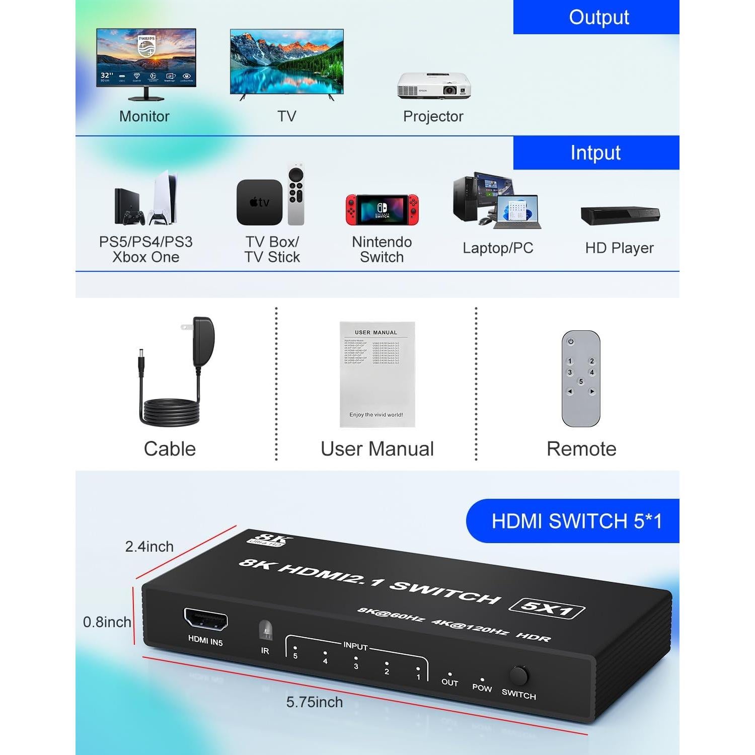 Divisor HDMI 8K 5 en 1 Tioleje - Conmutador 120Hz 4K