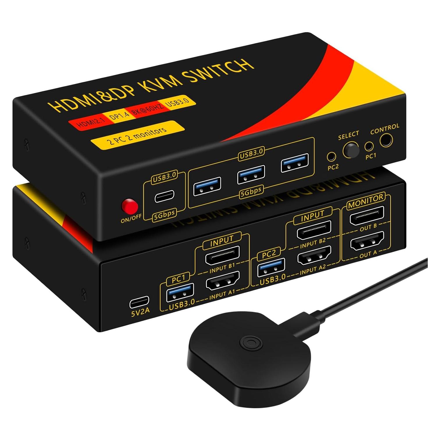 Interruptor KVM 2 Monitores HDMI y DisplayPort 8K 60Hz