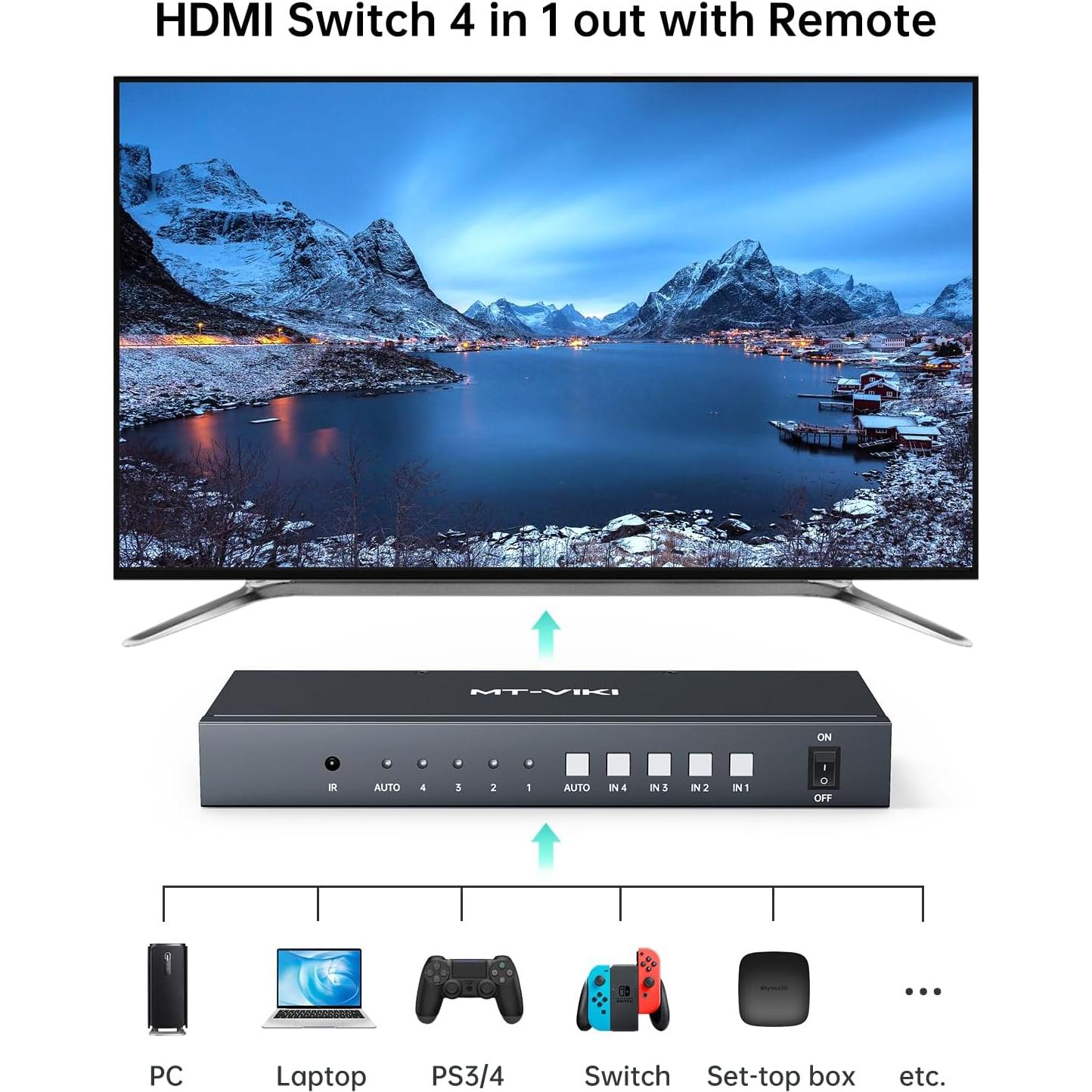 Interruptor HDMI 4K Sin Costura MT-VIKI 4 Puertos Audio 3.5mm