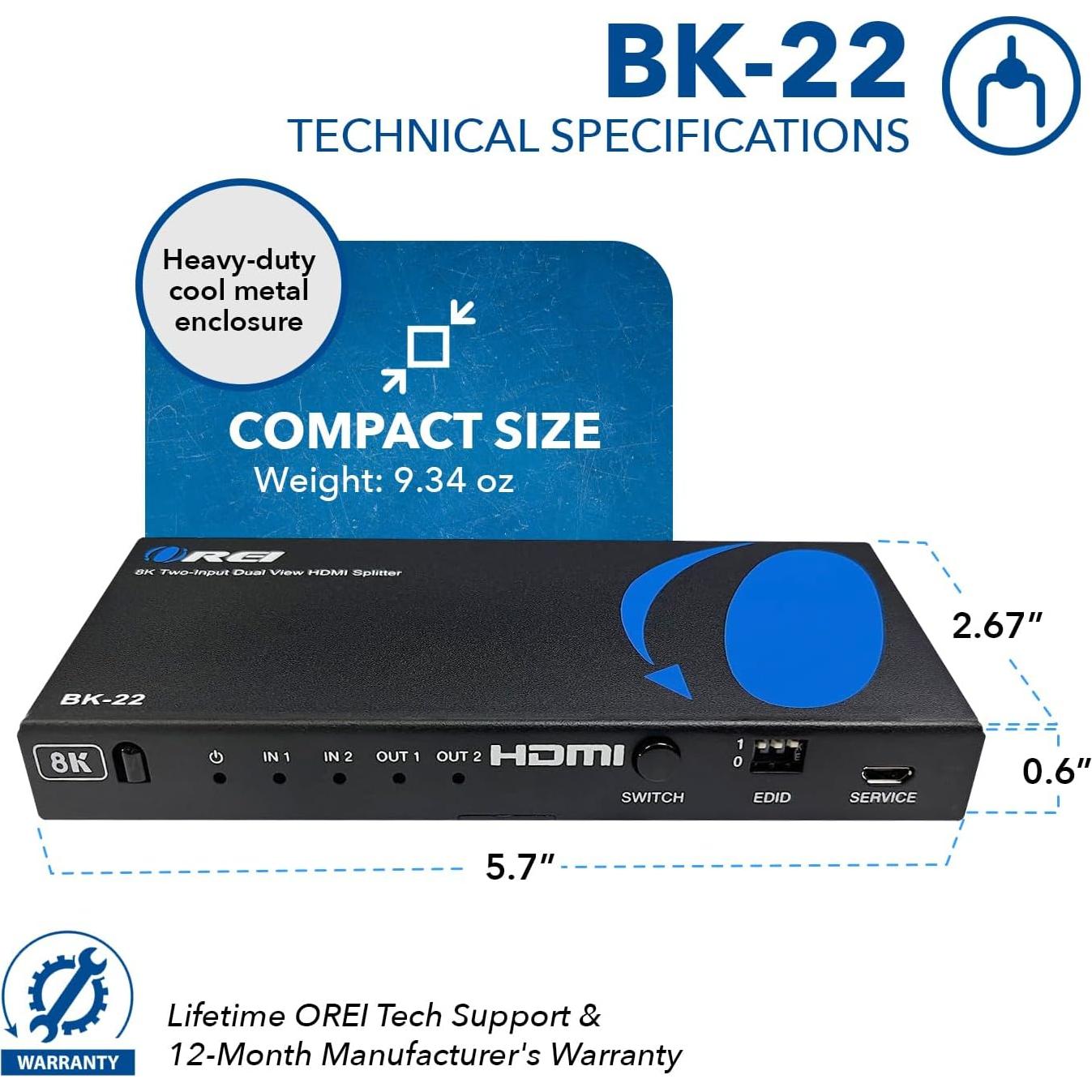 Divisor HDMI 8K OREI BK-22 2 Salidas 4K@120Hz Dolby Vision