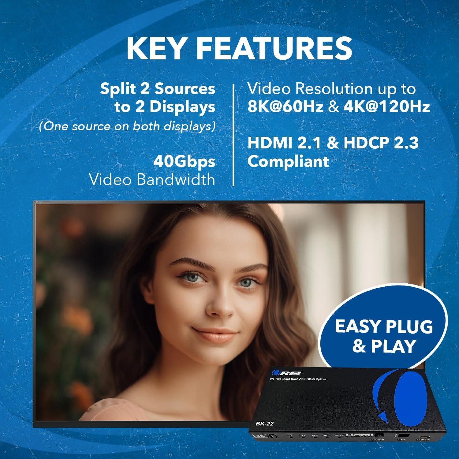 Divisor HDMI 8K OREI BK-22 2 Salidas 4K@120Hz Dolby Vision