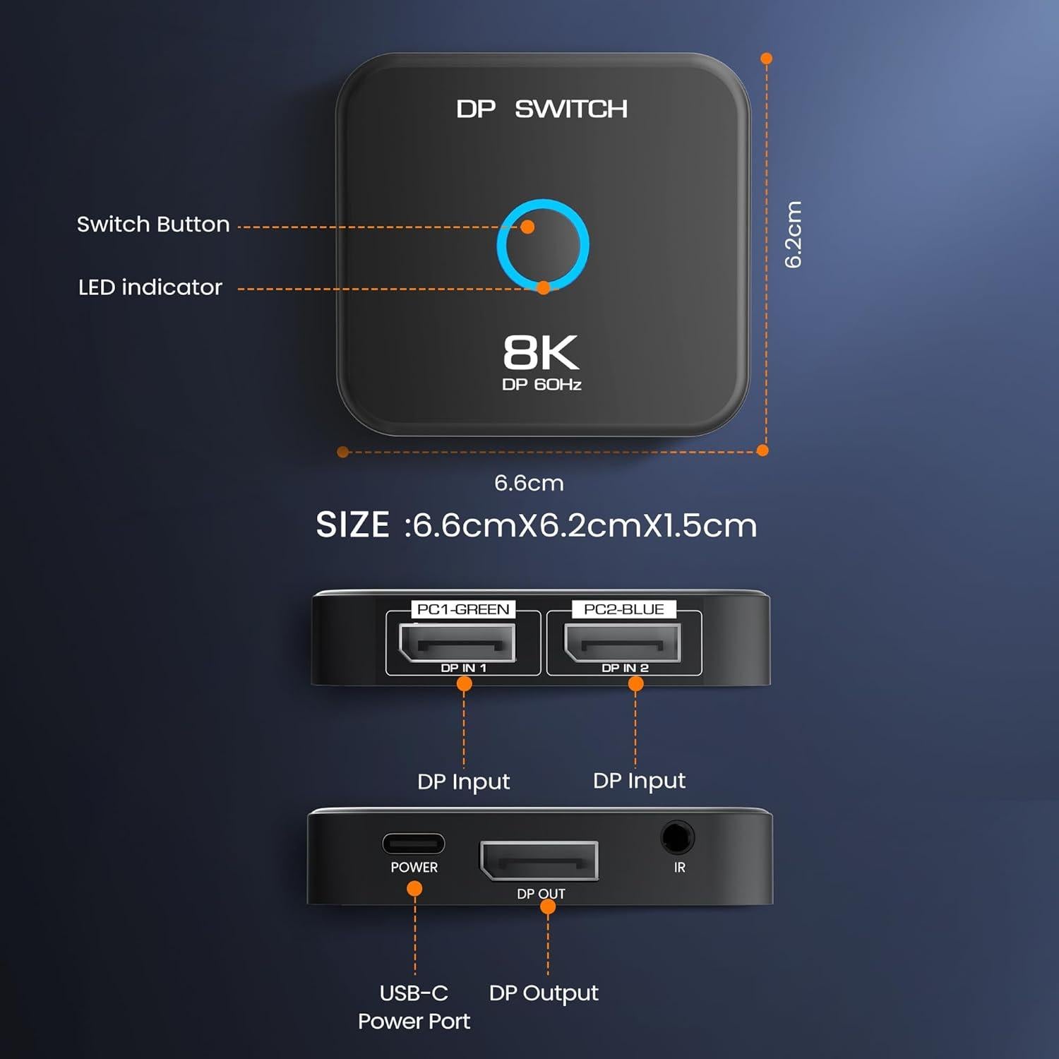 Conmutador DisplayPort 8K 2 en 1 NEWCARE con Control Remoto