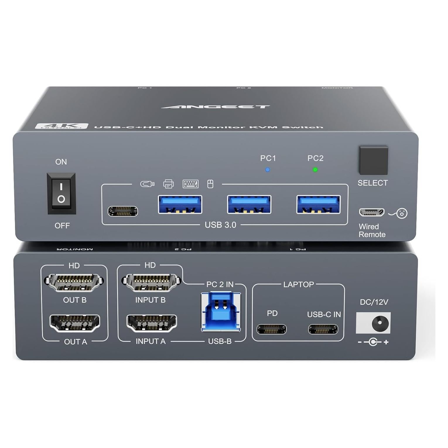 Interruptor KVM Doble Monitor 4K HDMI USB-C ANGEET